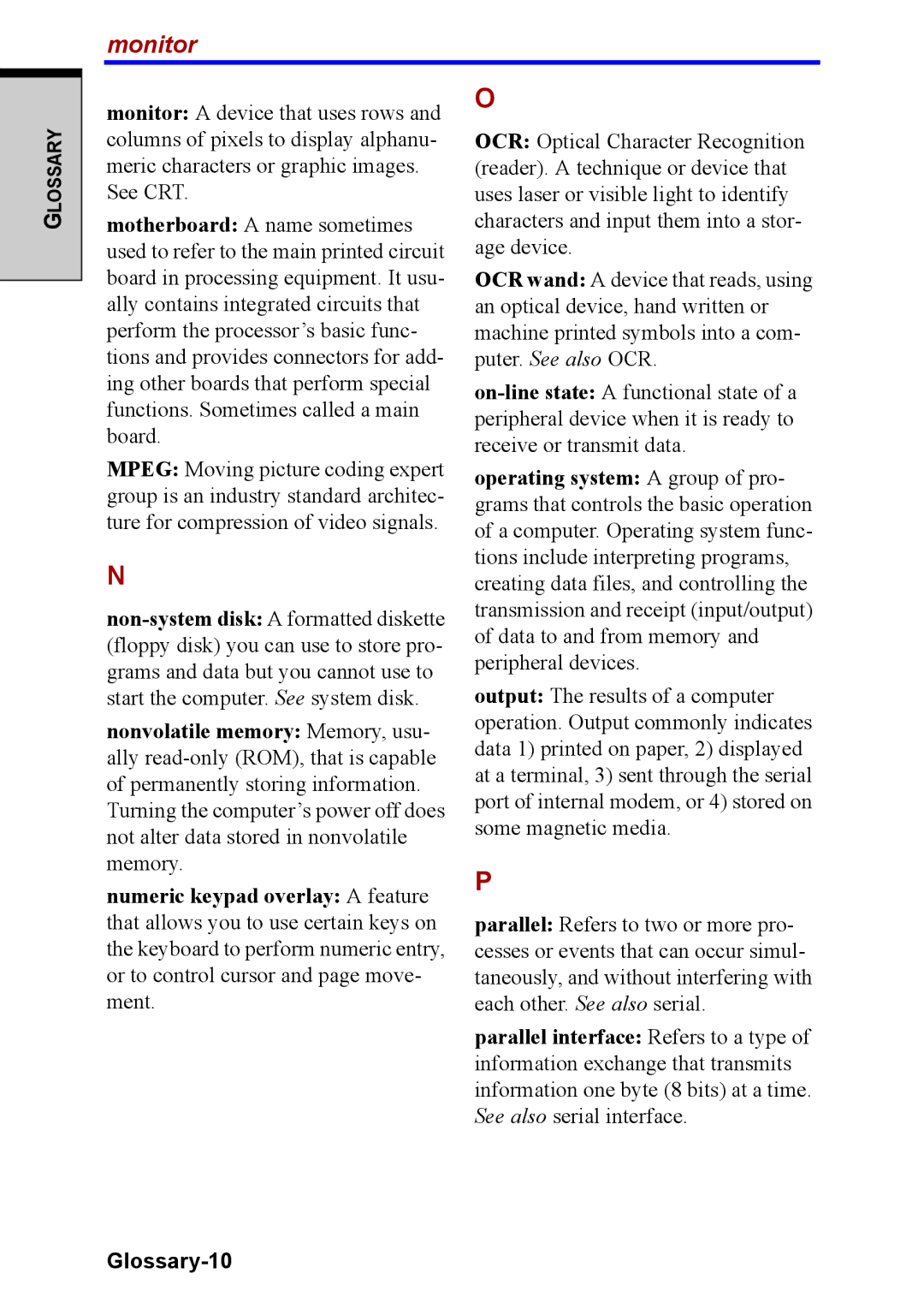 Toshiba M40 user manual Monitor, Glossary-10 