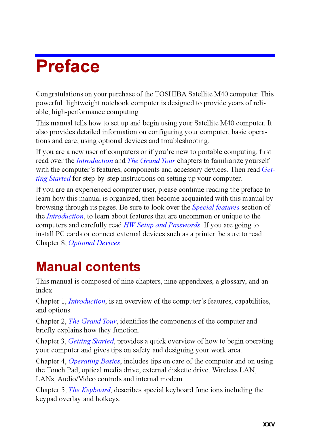 Toshiba M40 user manual Preface, Manual contents 