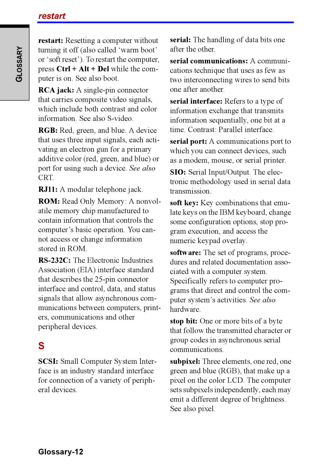 Toshiba M40 user manual Restart, Glossary-12 