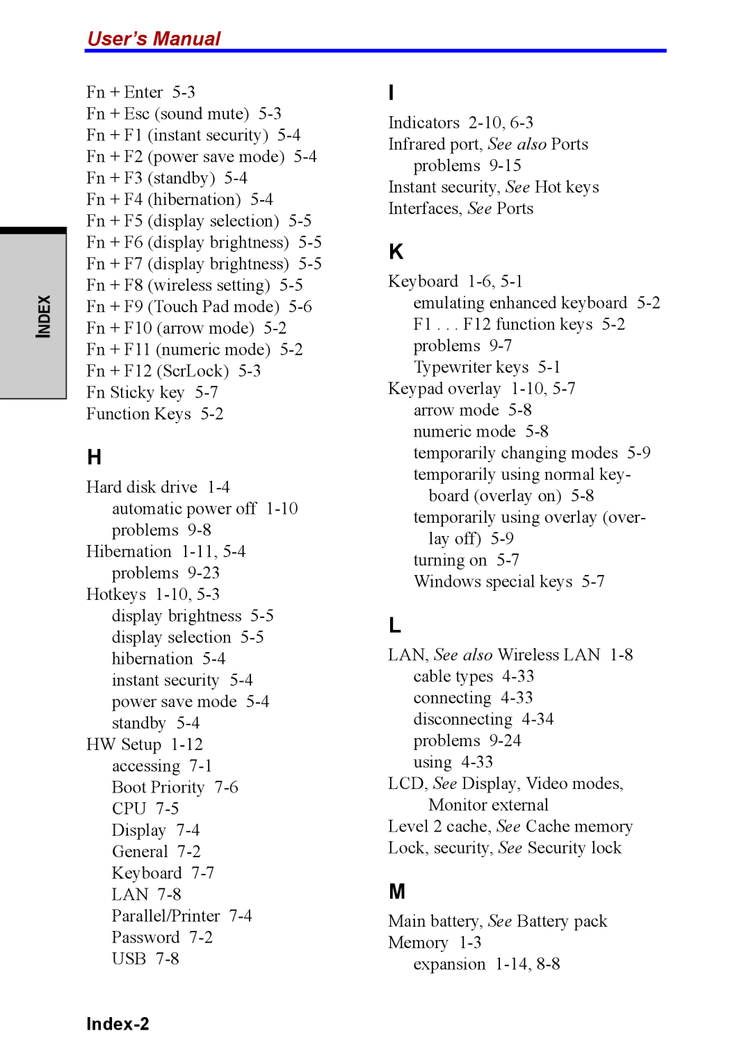 Toshiba M40 user manual User’s Manual, Index-2 