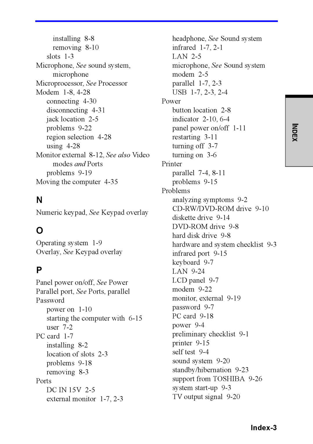 Toshiba M40 user manual Index-3 