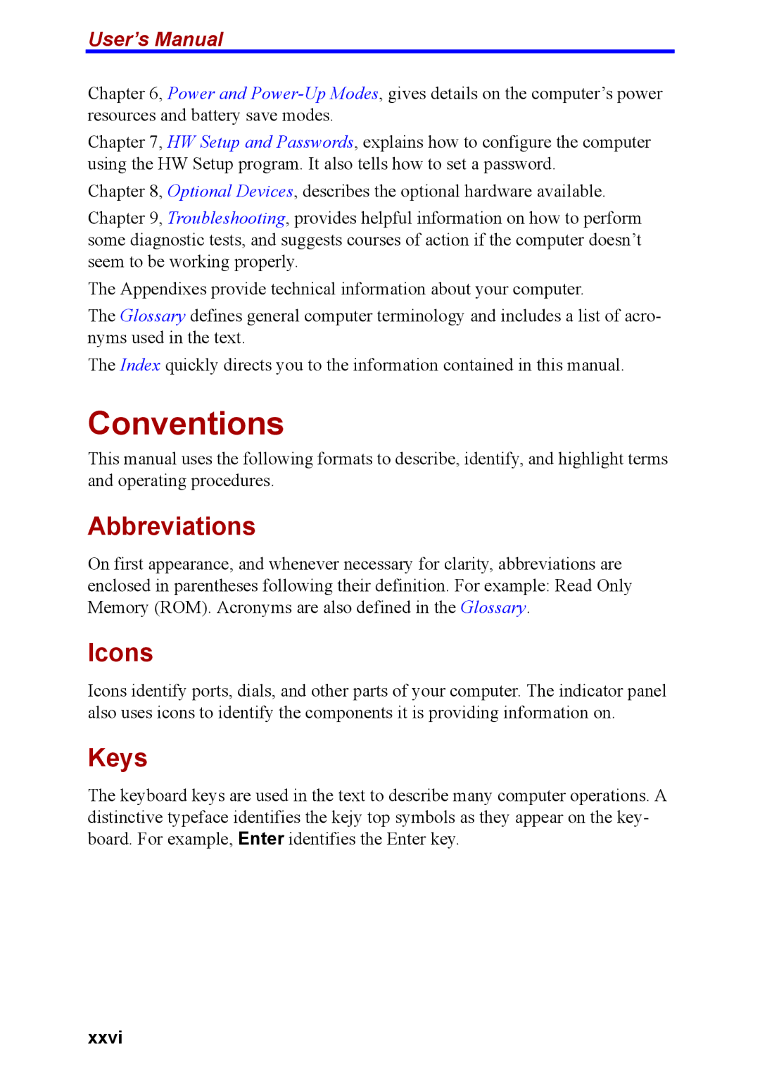 Toshiba M40 user manual Conventions, Abbreviations, Icons, Keys, User’s Manual 