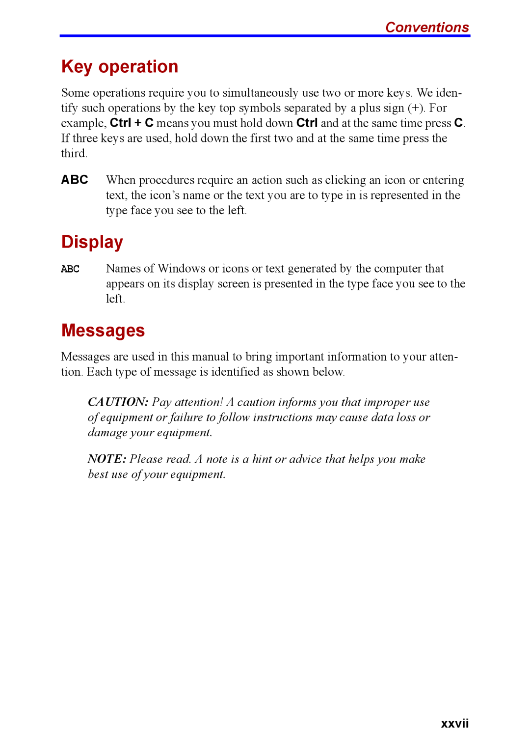 Toshiba M40 user manual Key operation, Display, Messages, Conventions, Xxvii 