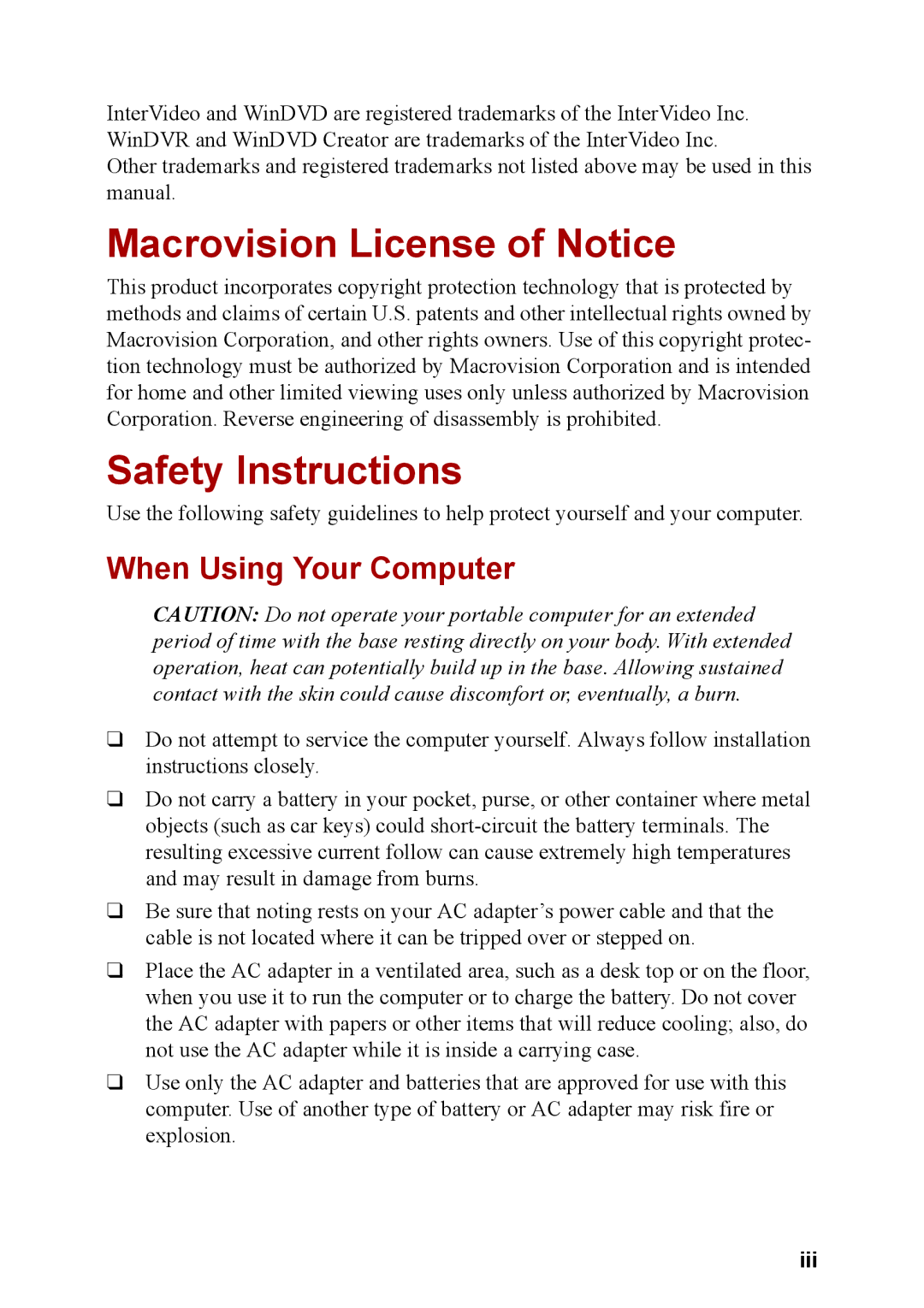 Toshiba M40 user manual Macrovision License of Notice, Safety Instructions, When Using Your Computer, Iii 