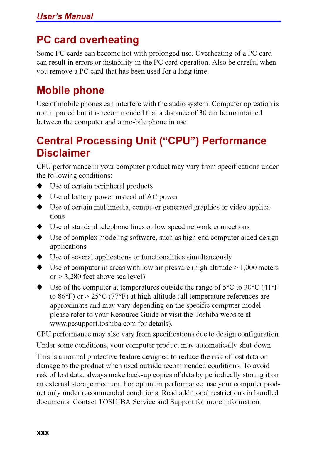 Toshiba M40 user manual PC card overheating, Mobile phone, Central Processing Unit CPU Performance Disclaimer, Xxx 