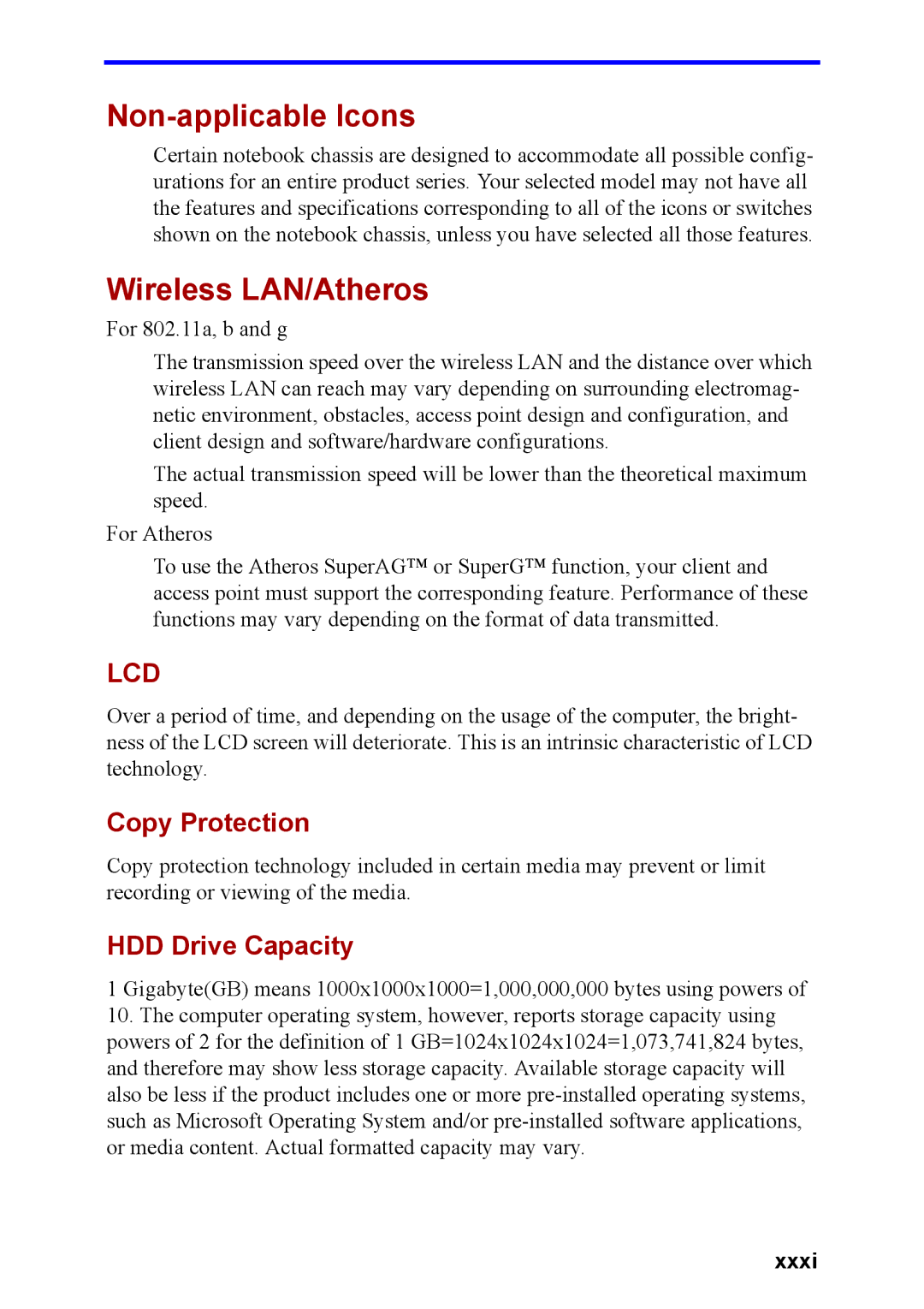 Toshiba M40 user manual Non-applicable Icons, Wireless LAN/Atheros, Copy Protection, HDD Drive Capacity, Xxxi 