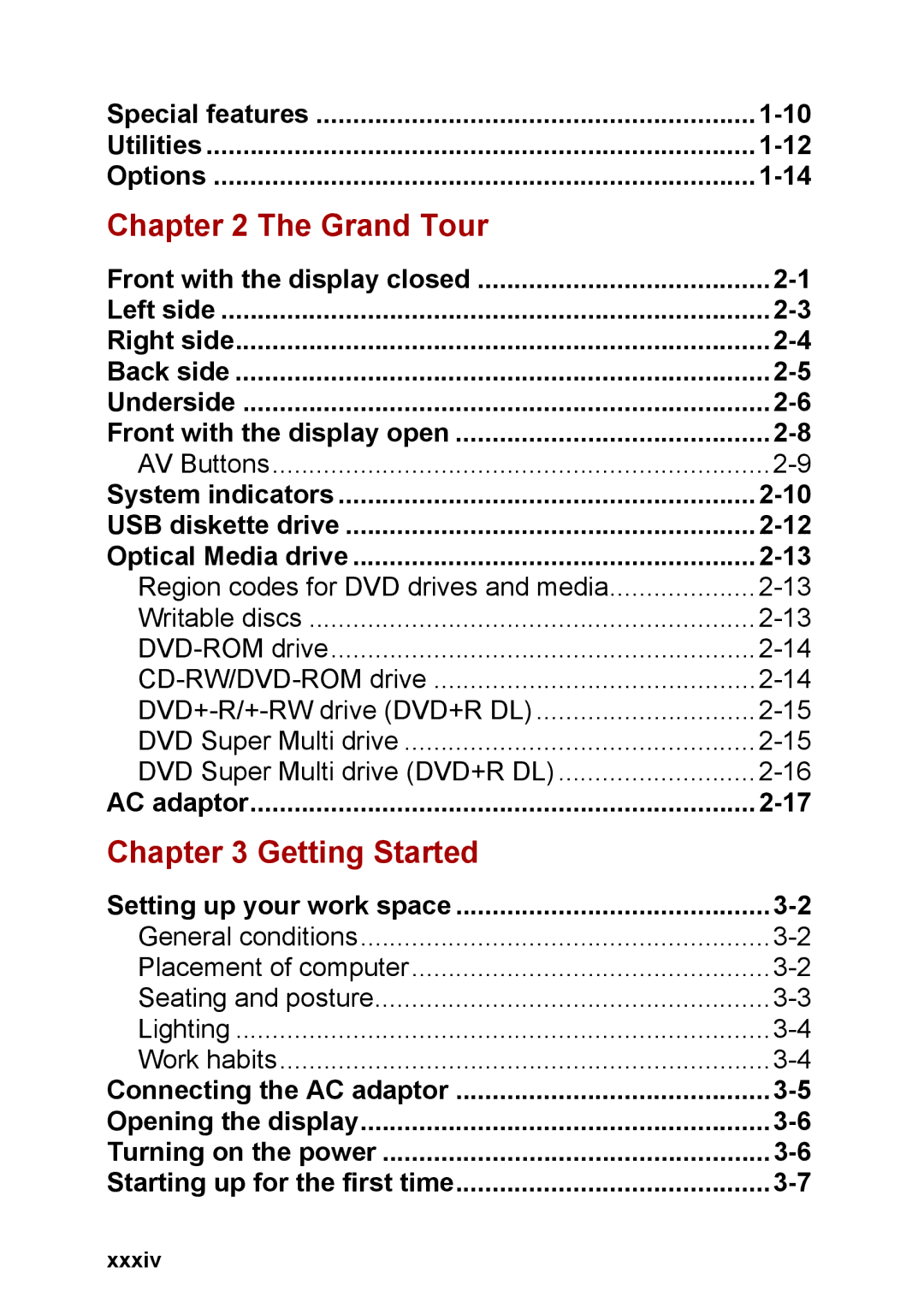 Toshiba M40 user manual Grand Tour, Getting Started, Xxxiv 