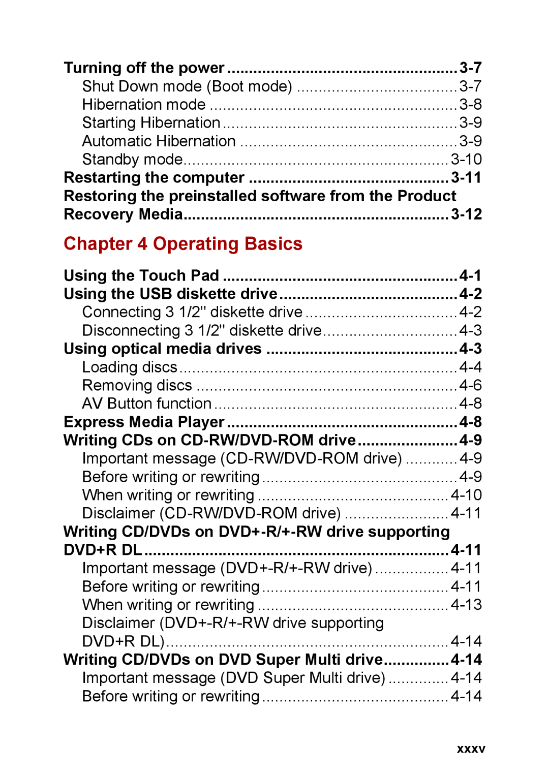 Toshiba M40 user manual Operating Basics, Xxxv 