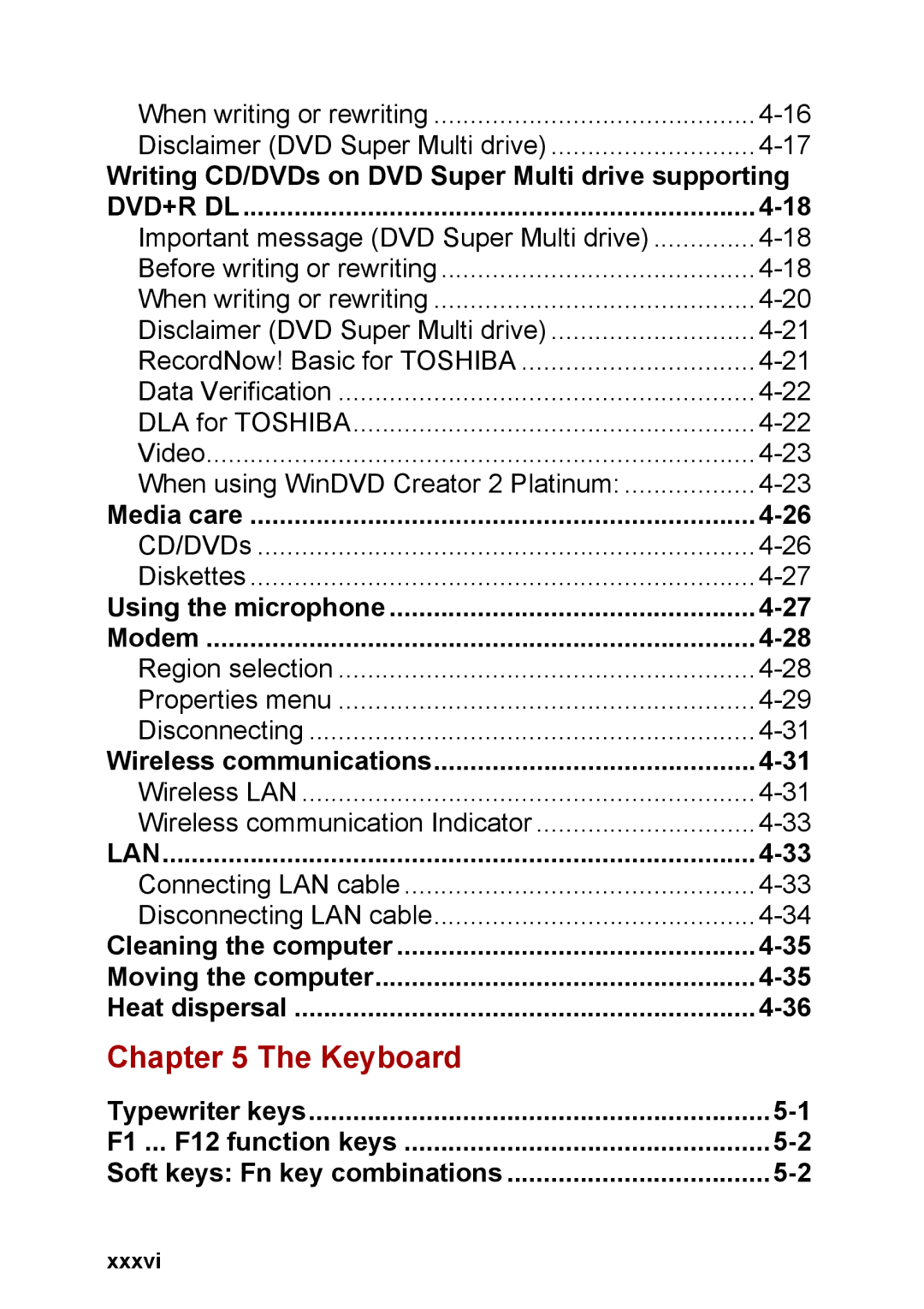 Toshiba M40 user manual Keyboard, Xxxvi 