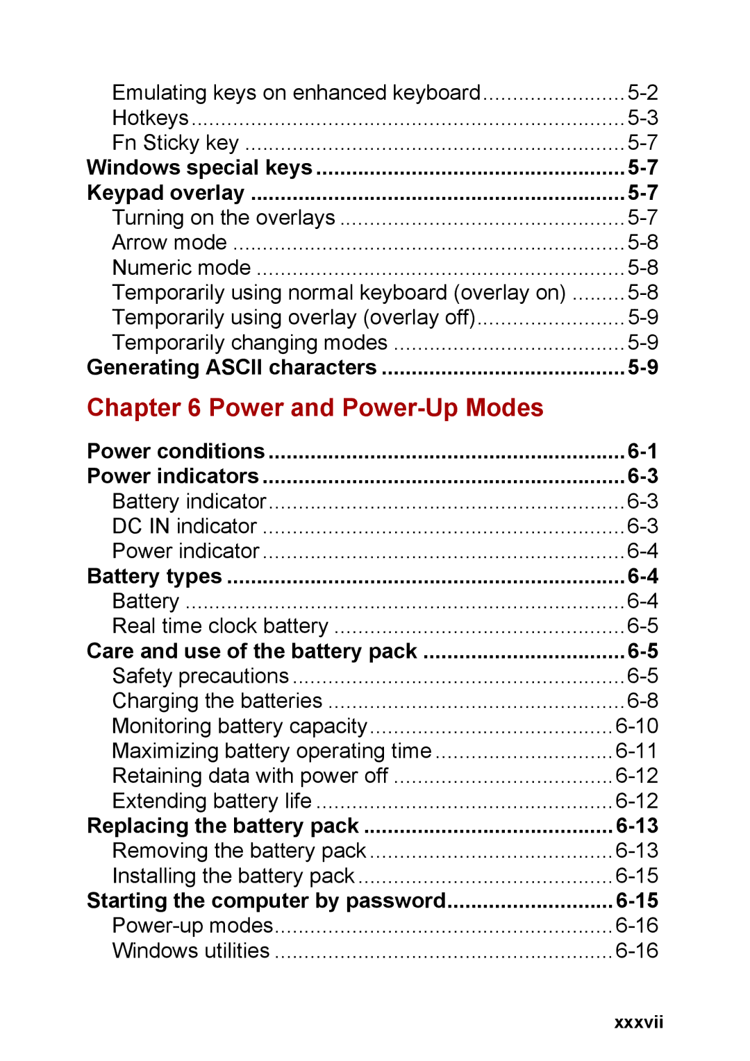 Toshiba M40 user manual Power and Power-Up Modes, Xxxvii 