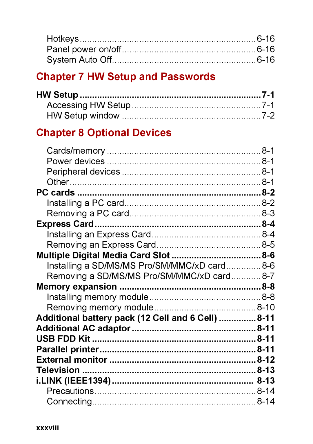 Toshiba M40 user manual HW Setup and Passwords, Optional Devices, Xxxviii 