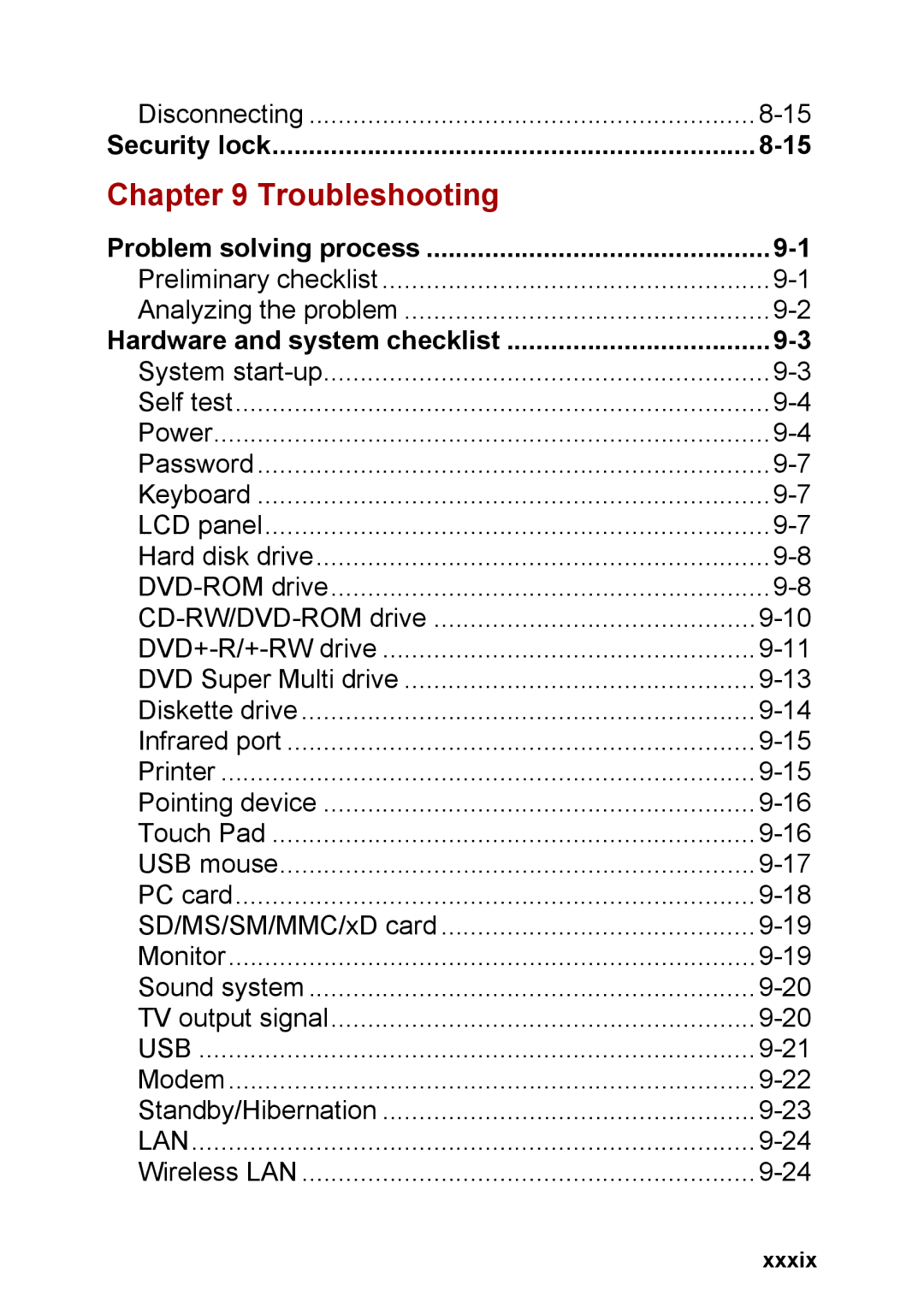 Toshiba M40 user manual Troubleshooting, Xxxix 