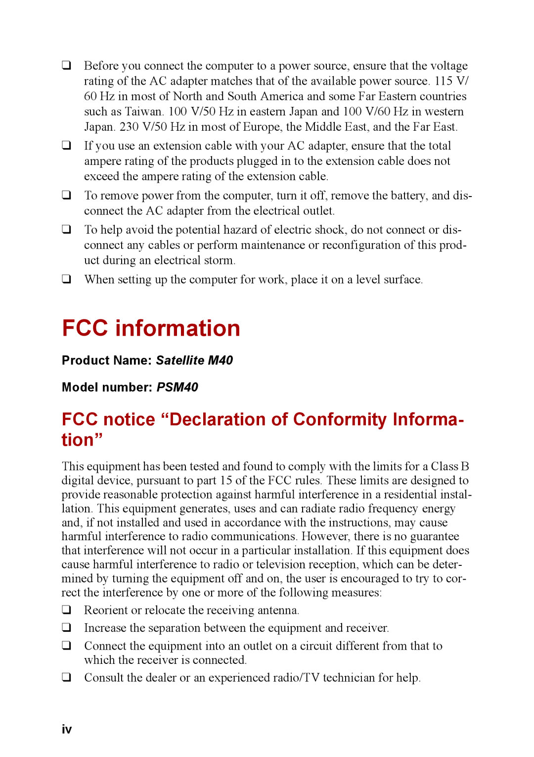 Toshiba M40 user manual FCC information, FCC notice Declaration of Conformity Informa- tion 