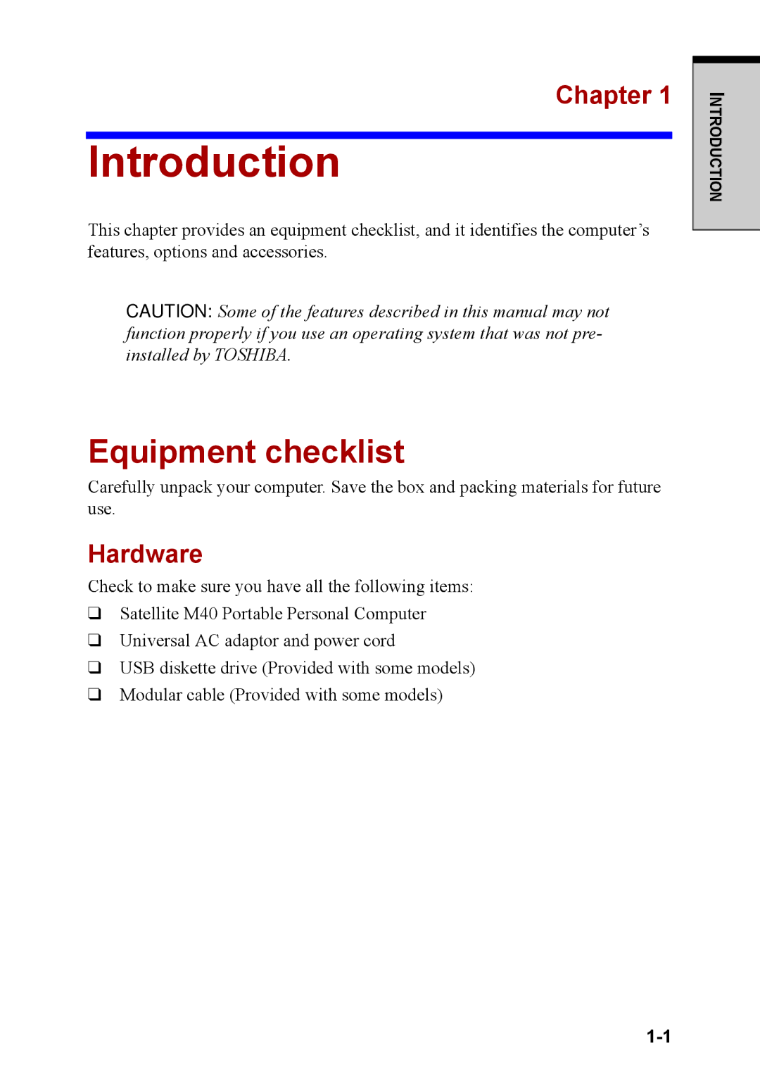 Toshiba M40 user manual Introduction, Equipment checklist, Chapter, Hardware 