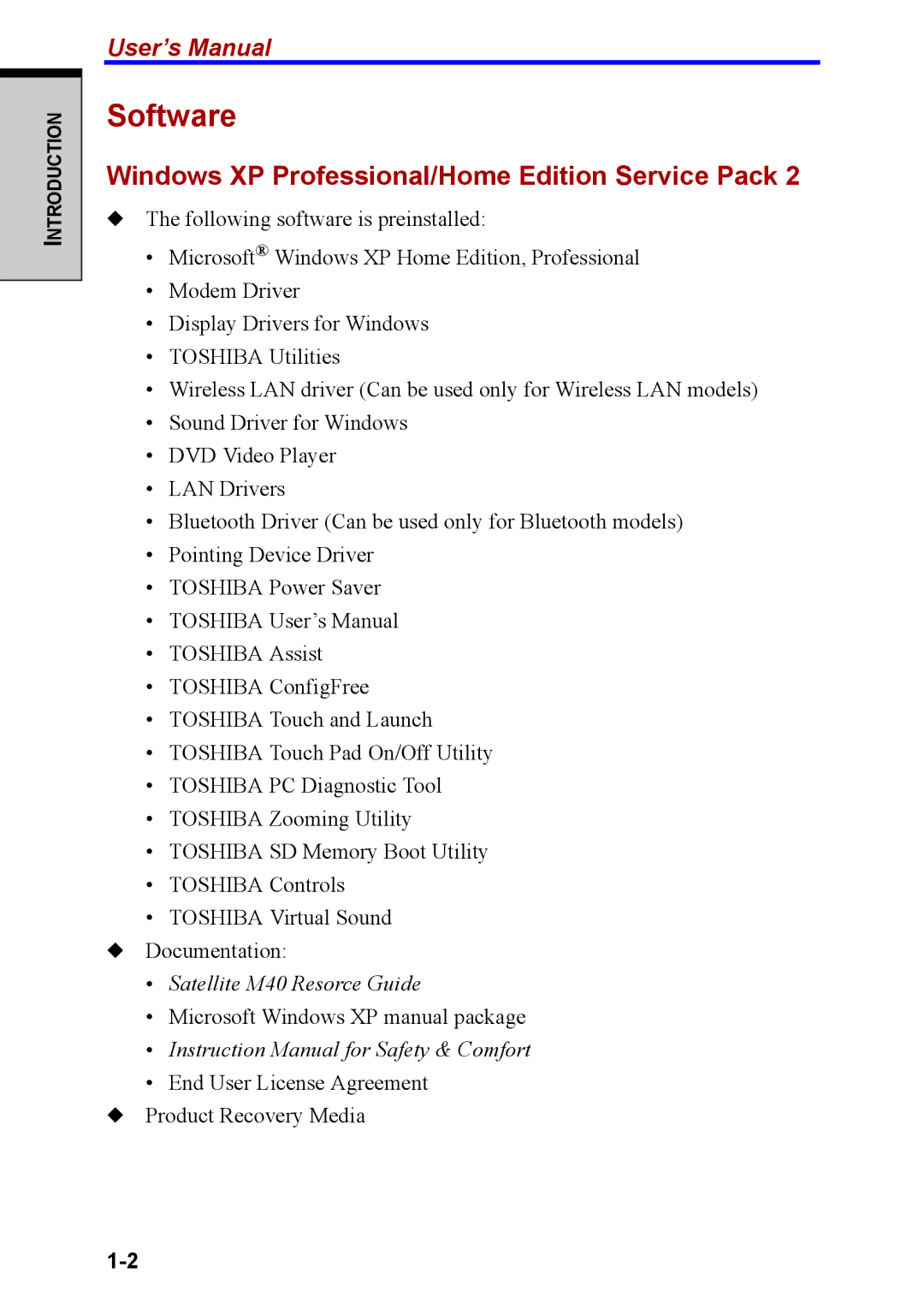 Toshiba M40 user manual Software, Windows XP Professional/Home Edition Service Pack 