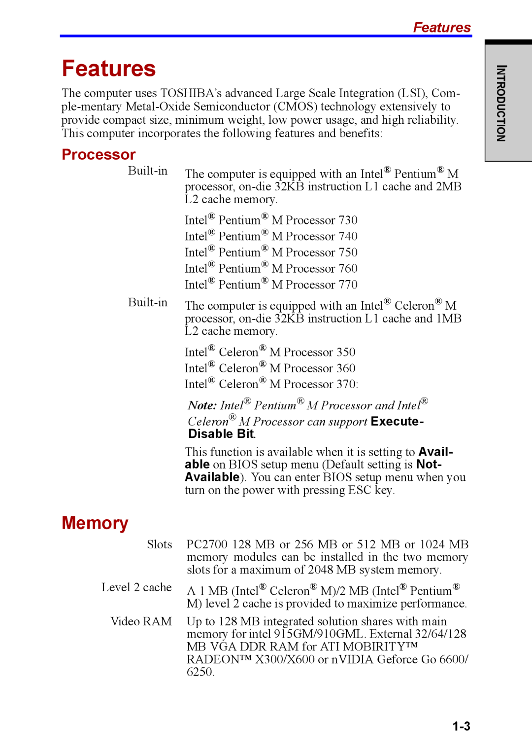 Toshiba M40 user manual Features, Memory, Processor 