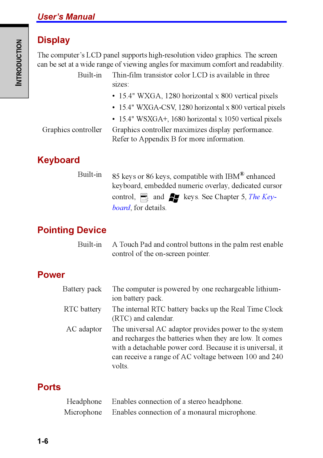 Toshiba M40 user manual Display, Keyboard, Pointing Device, Power, Ports 