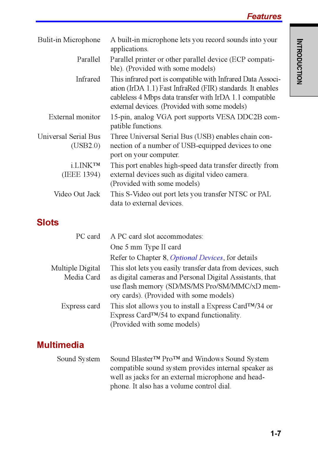 Toshiba M40 user manual Slots, Multimedia 