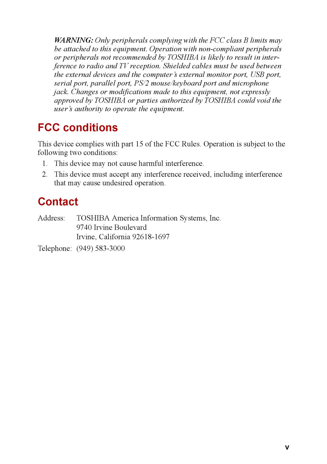 Toshiba M40 user manual FCC conditions, Contact 