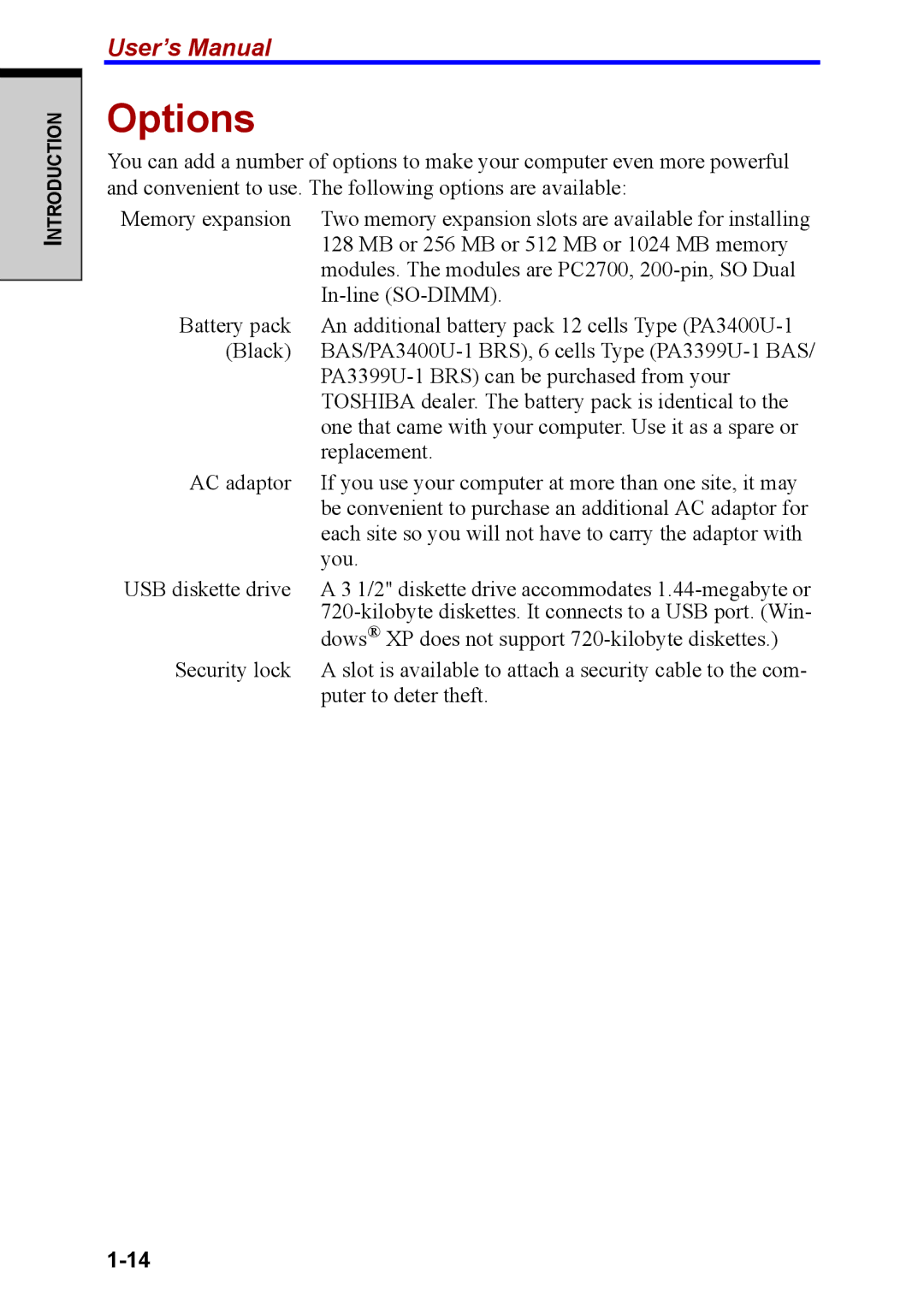 Toshiba M40 user manual Options 