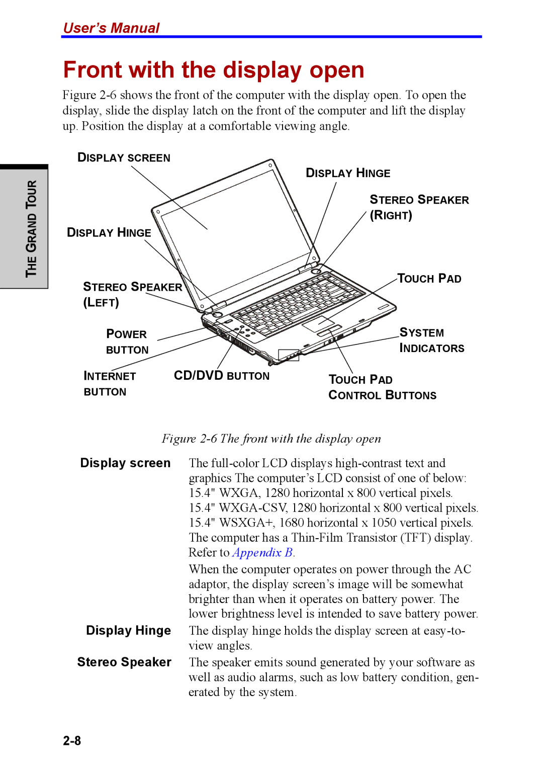 Toshiba M40 user manual Front with the display open, Left 