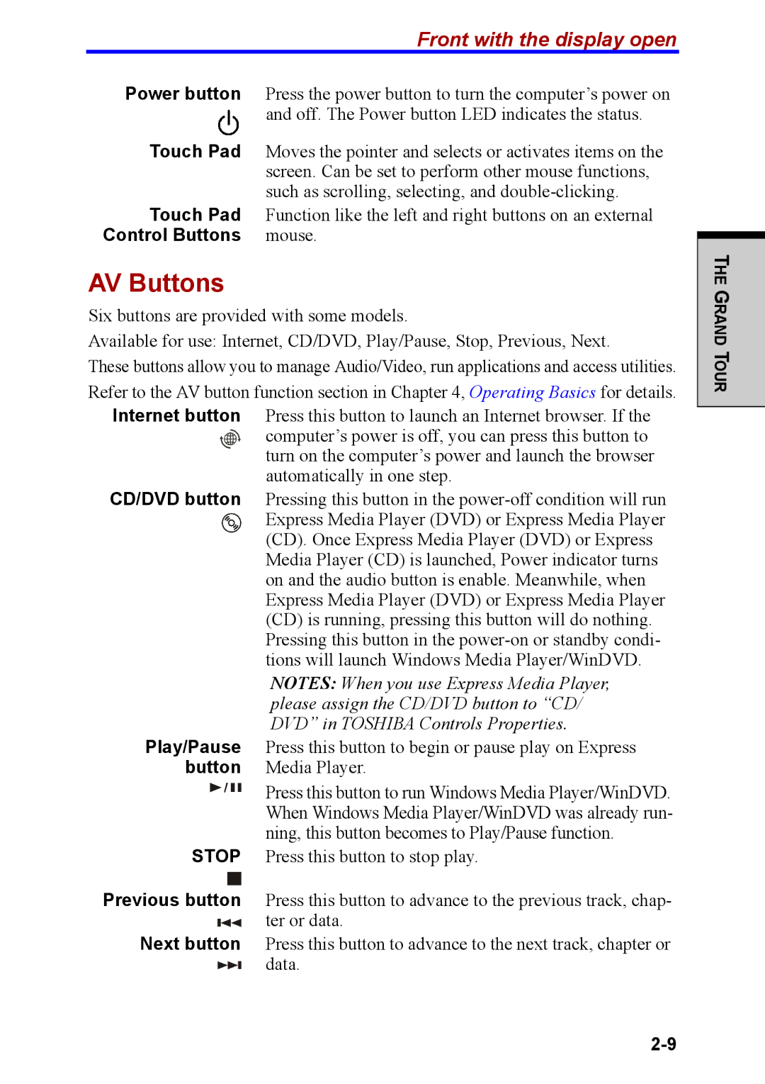 Toshiba M40 user manual AV Buttons, Front with the display open, Power button, Touch Pad, Control Buttons 