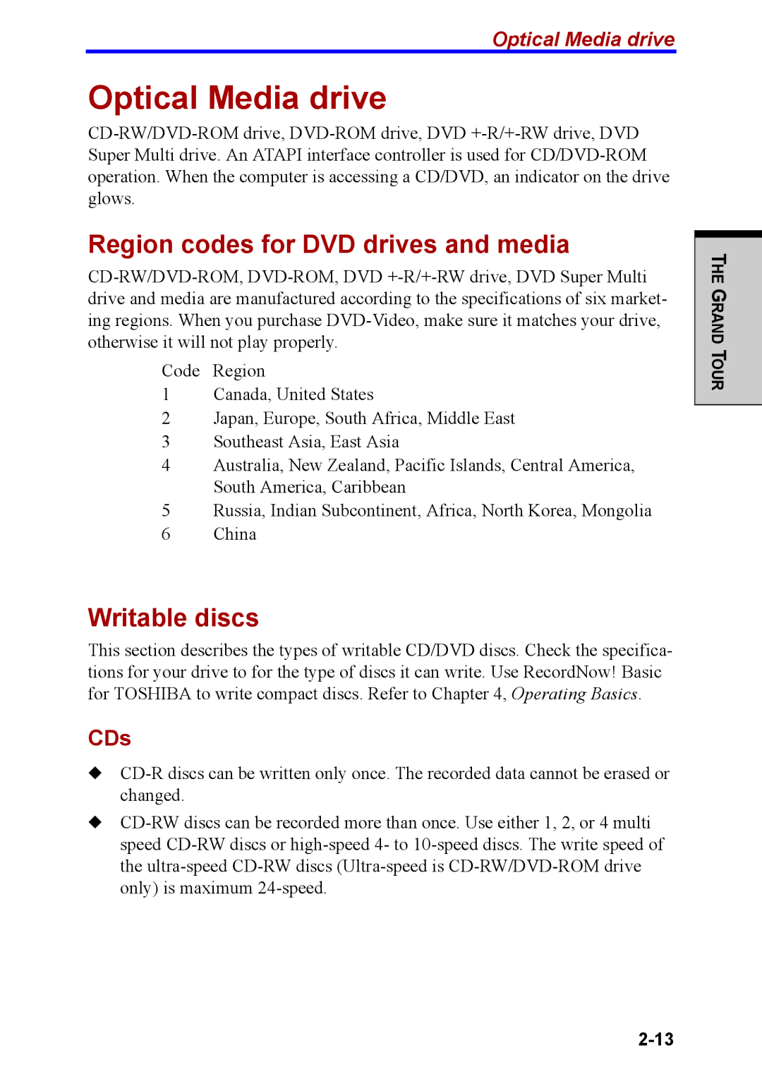 Toshiba M40 user manual Optical Media drive, Region codes for DVD drives and media, Writable discs, CDs 