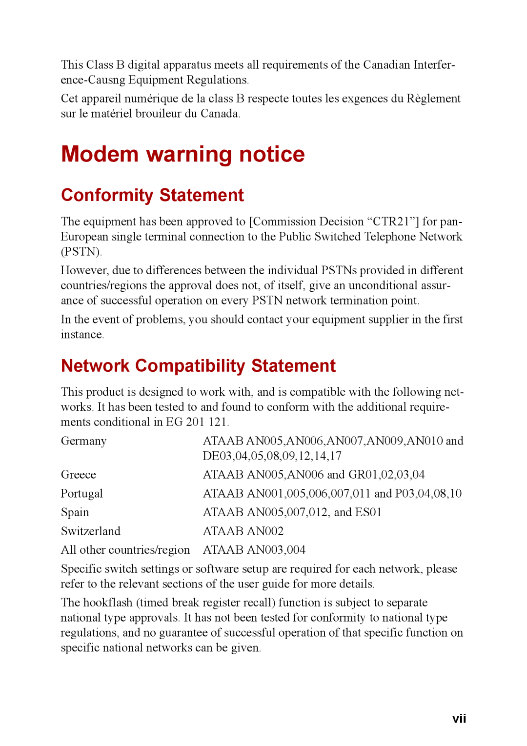 Toshiba M40 user manual Modem warning notice, Conformity Statement, Network Compatibility Statement, Vii 