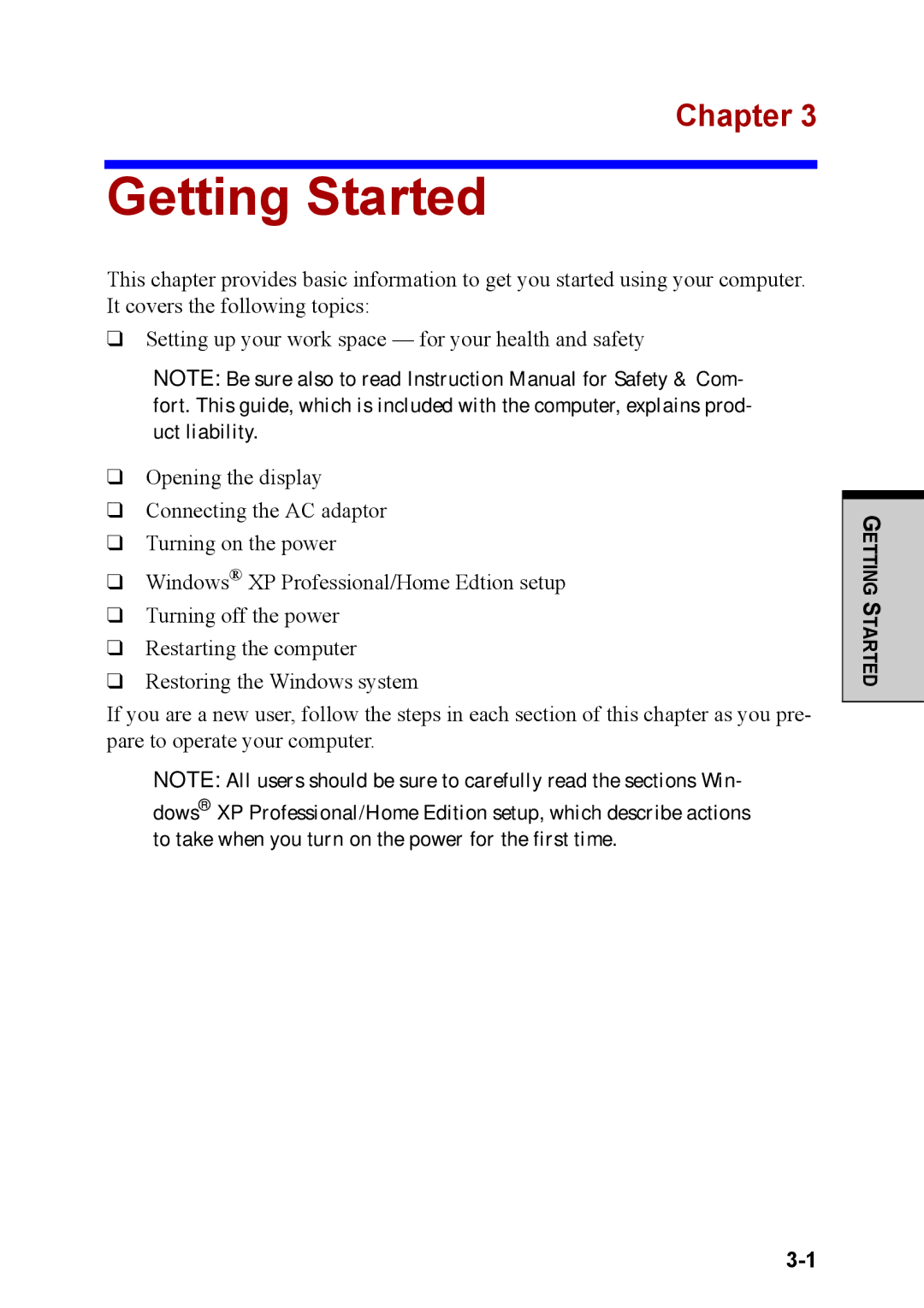 Toshiba M40 user manual Getting Started, Chapter 