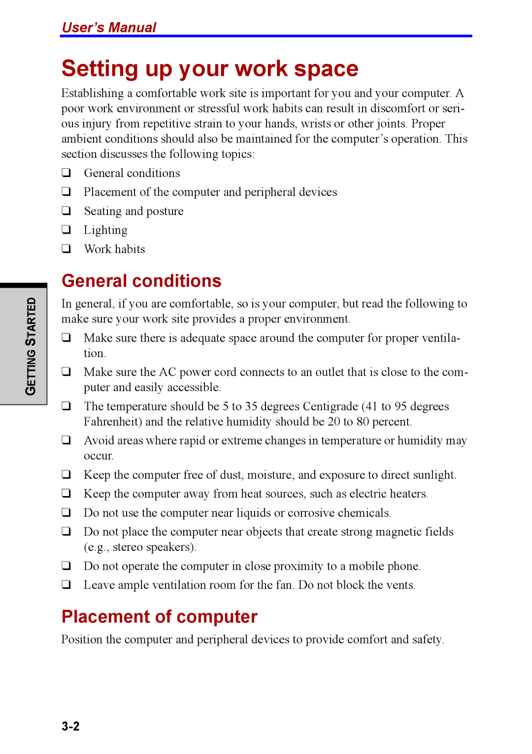 Toshiba M40 user manual Setting up your work space, General conditions, Placement of computer 