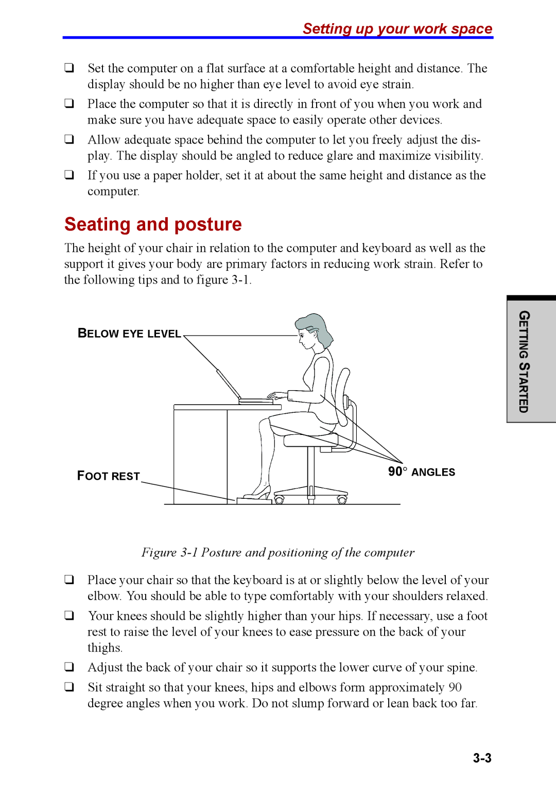 Toshiba M40 user manual Seating and posture, Setting up your work space 