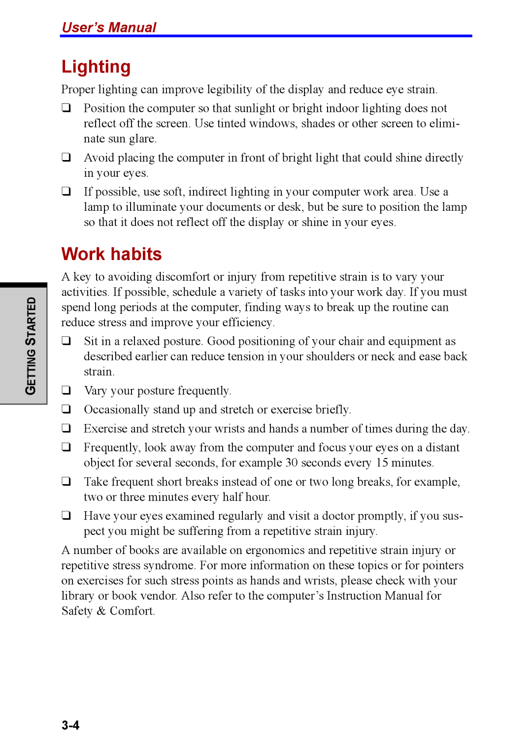 Toshiba M40 user manual Lighting, Work habits 