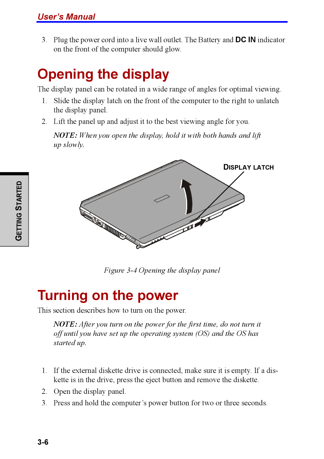 Toshiba M40 user manual Opening the display, Turning on the power 