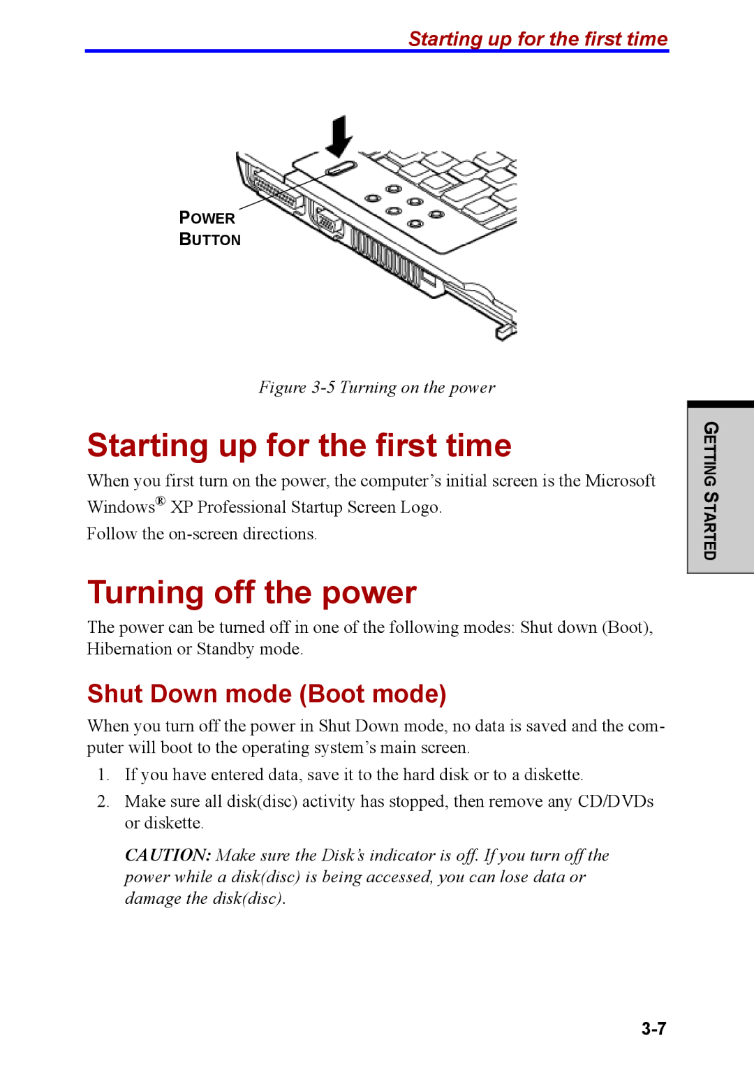 Toshiba M40 user manual Starting up for the first time, Turning off the power, Shut Down mode Boot mode 