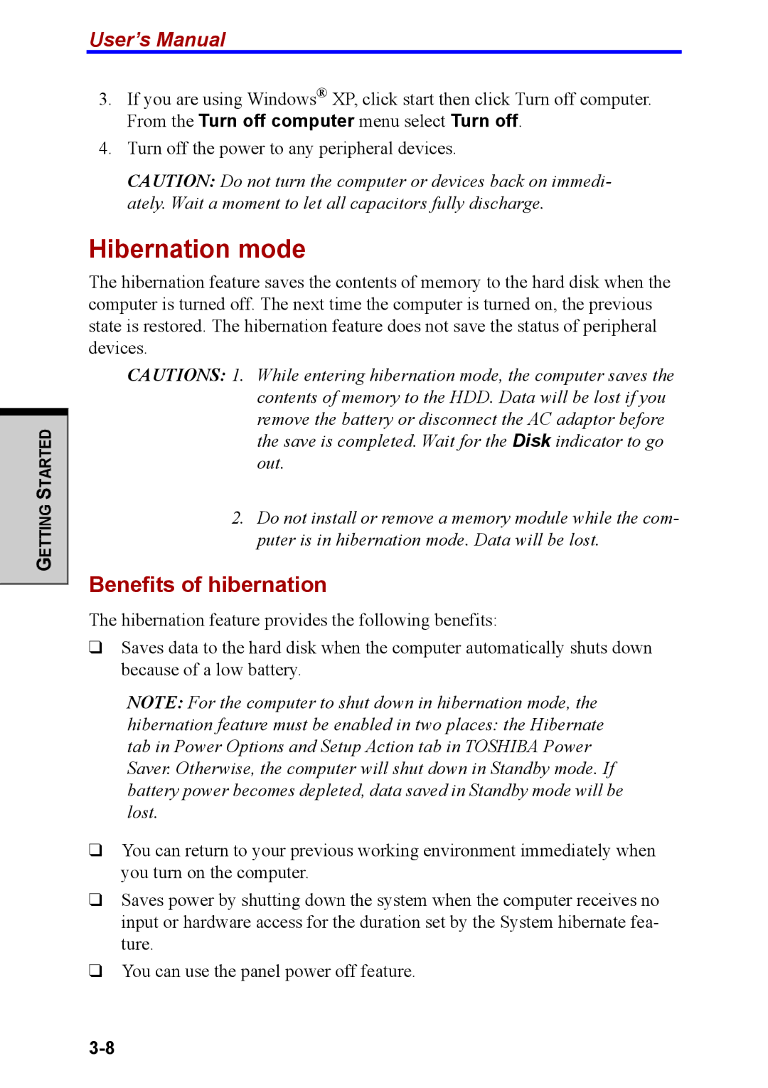 Toshiba M40 user manual Hibernation mode, Benefits of hibernation 