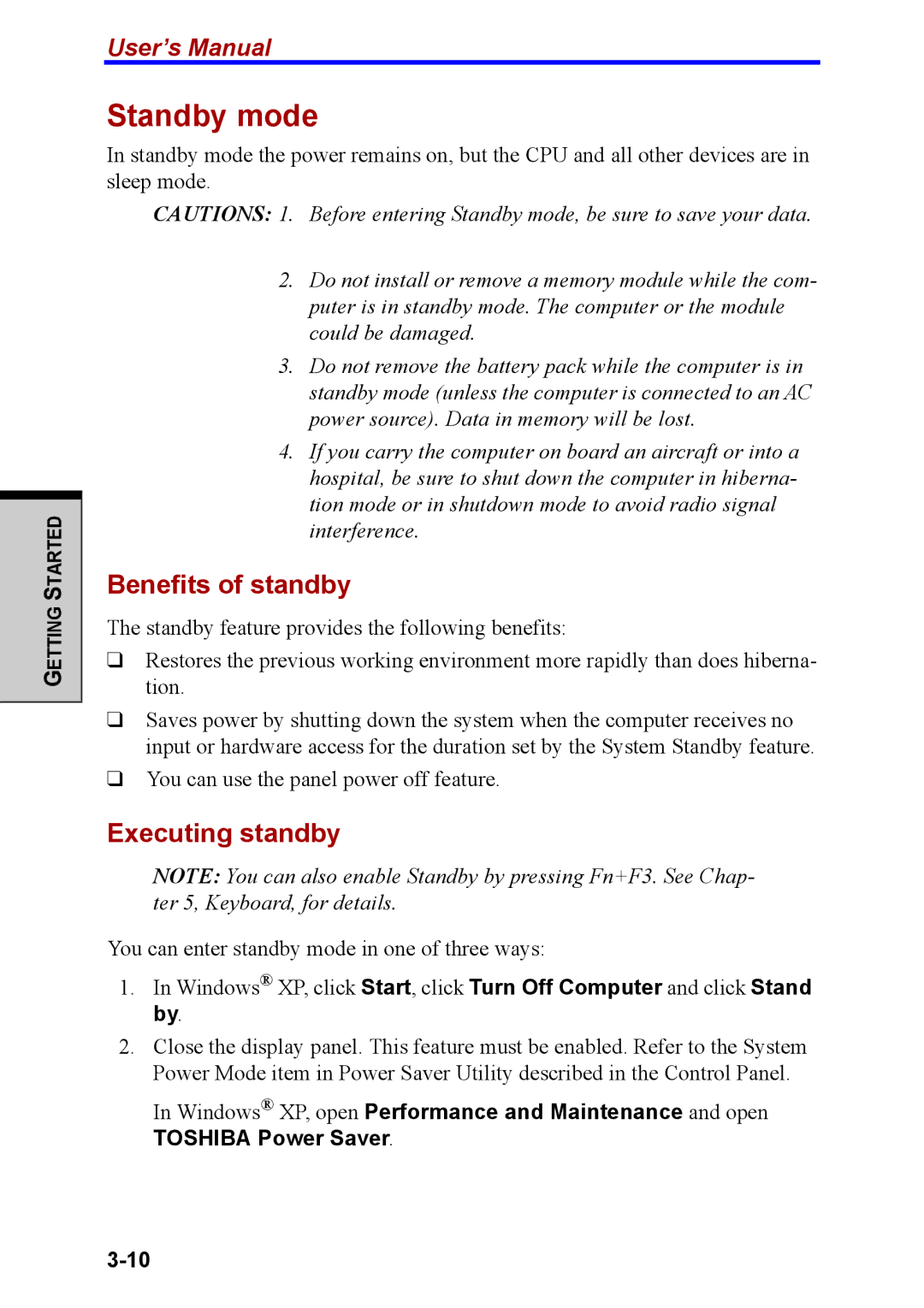 Toshiba M40 user manual Standby mode, Benefits of standby, Executing standby 