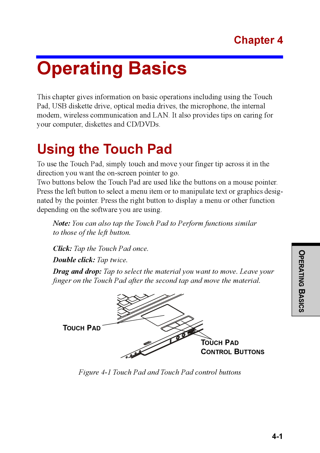 Toshiba M40 user manual Operating Basics, Using the Touch Pad 