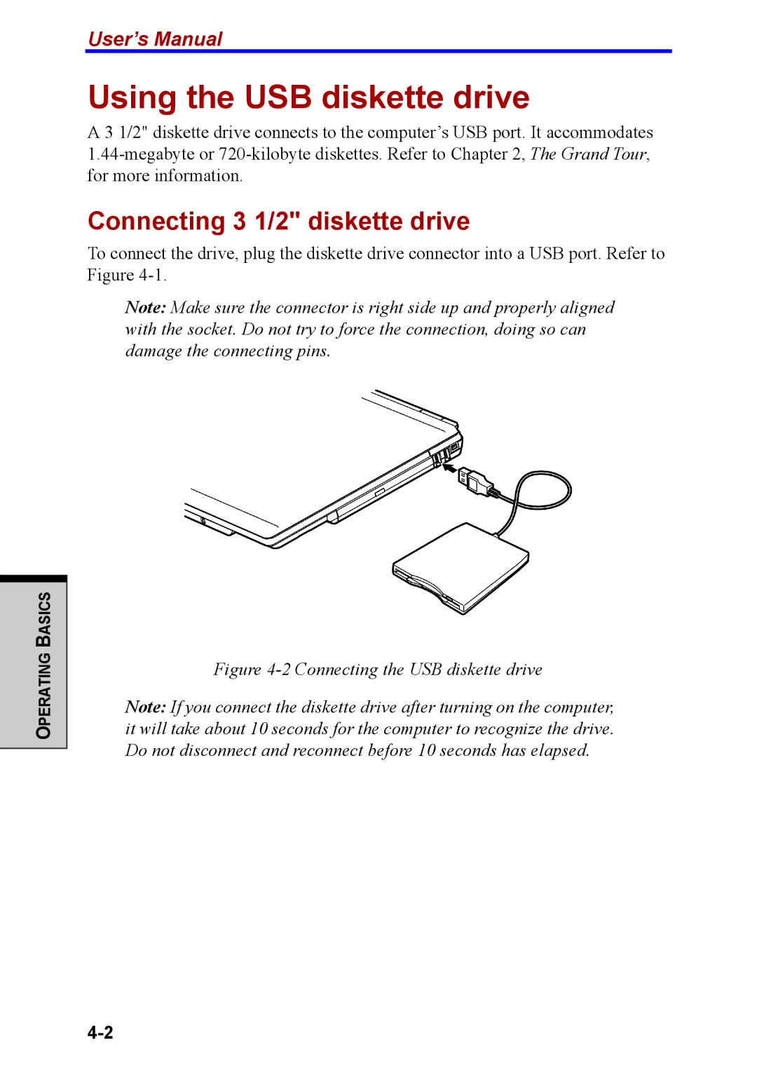 Toshiba M40 user manual Using the USB diskette drive, Connecting 3 1/2 diskette drive 