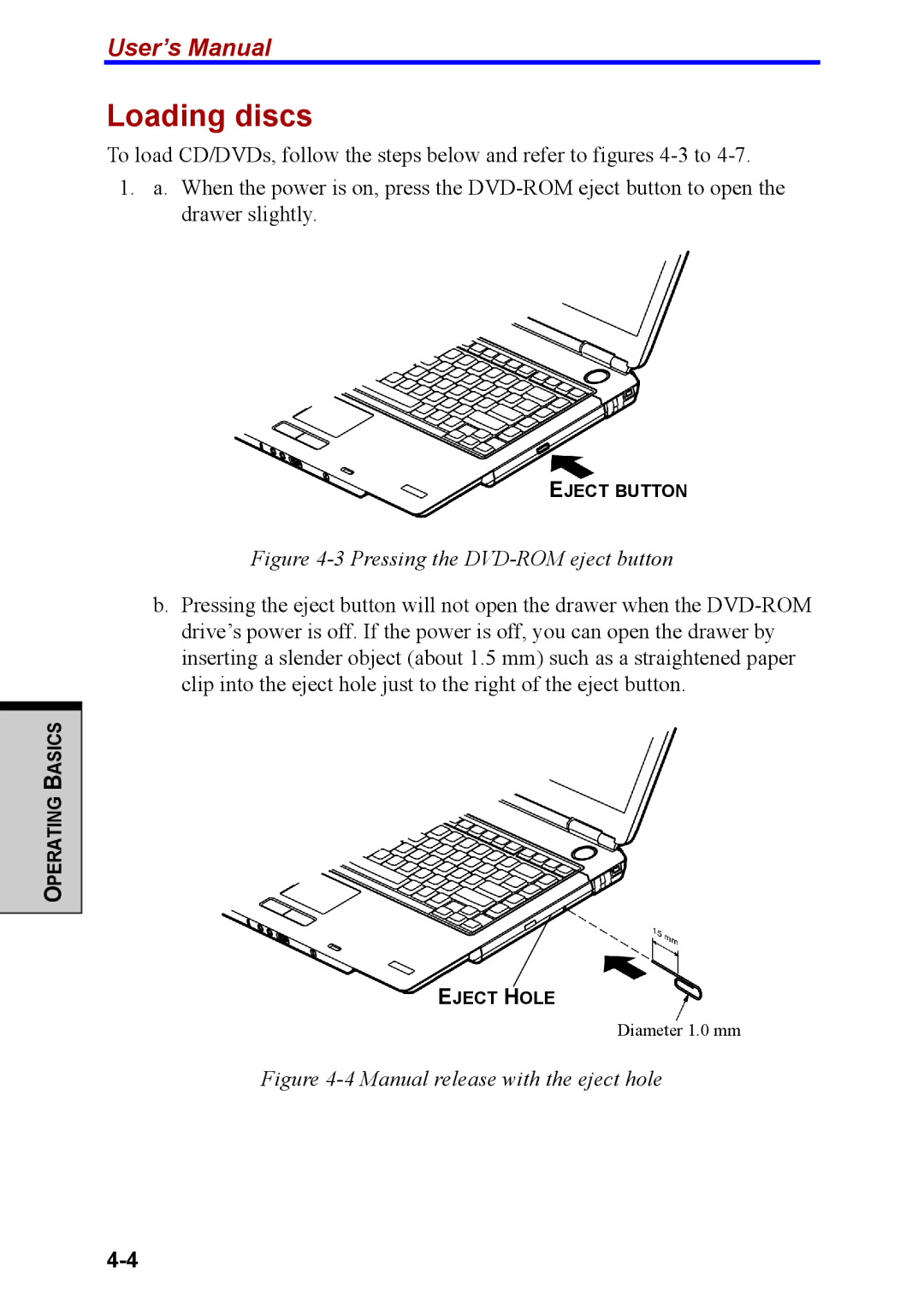 Toshiba M40 user manual Loading discs, Pressing the DVD-ROM eject button 