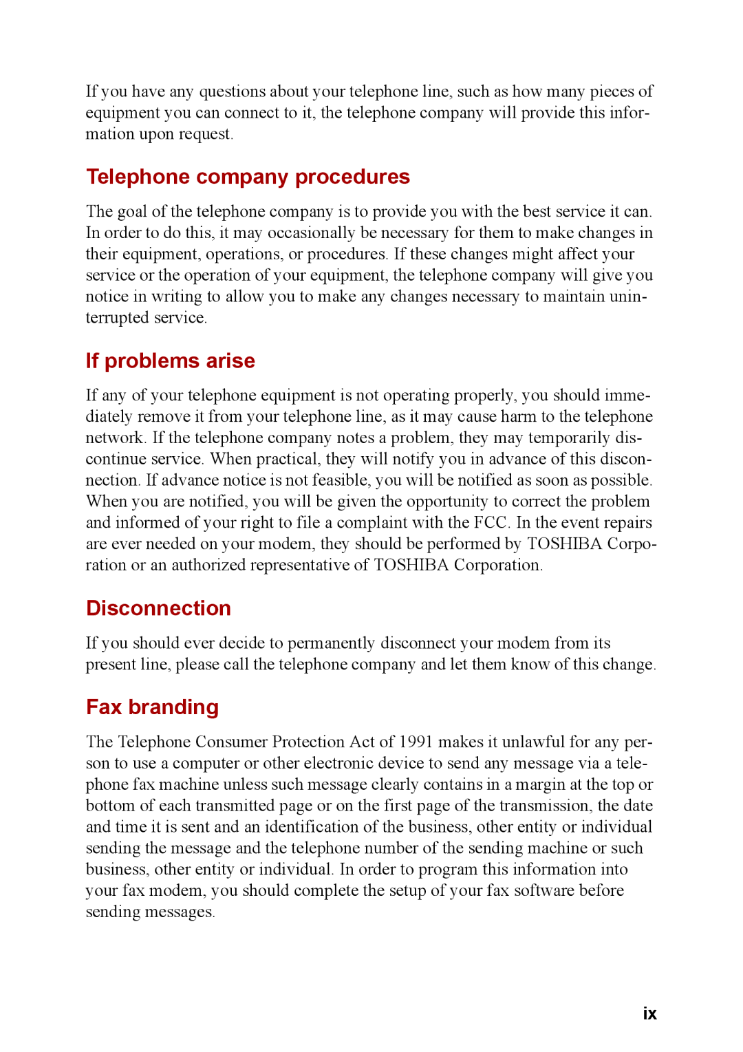 Toshiba M40 user manual Telephone company procedures, If problems arise, Disconnection, Fax branding 