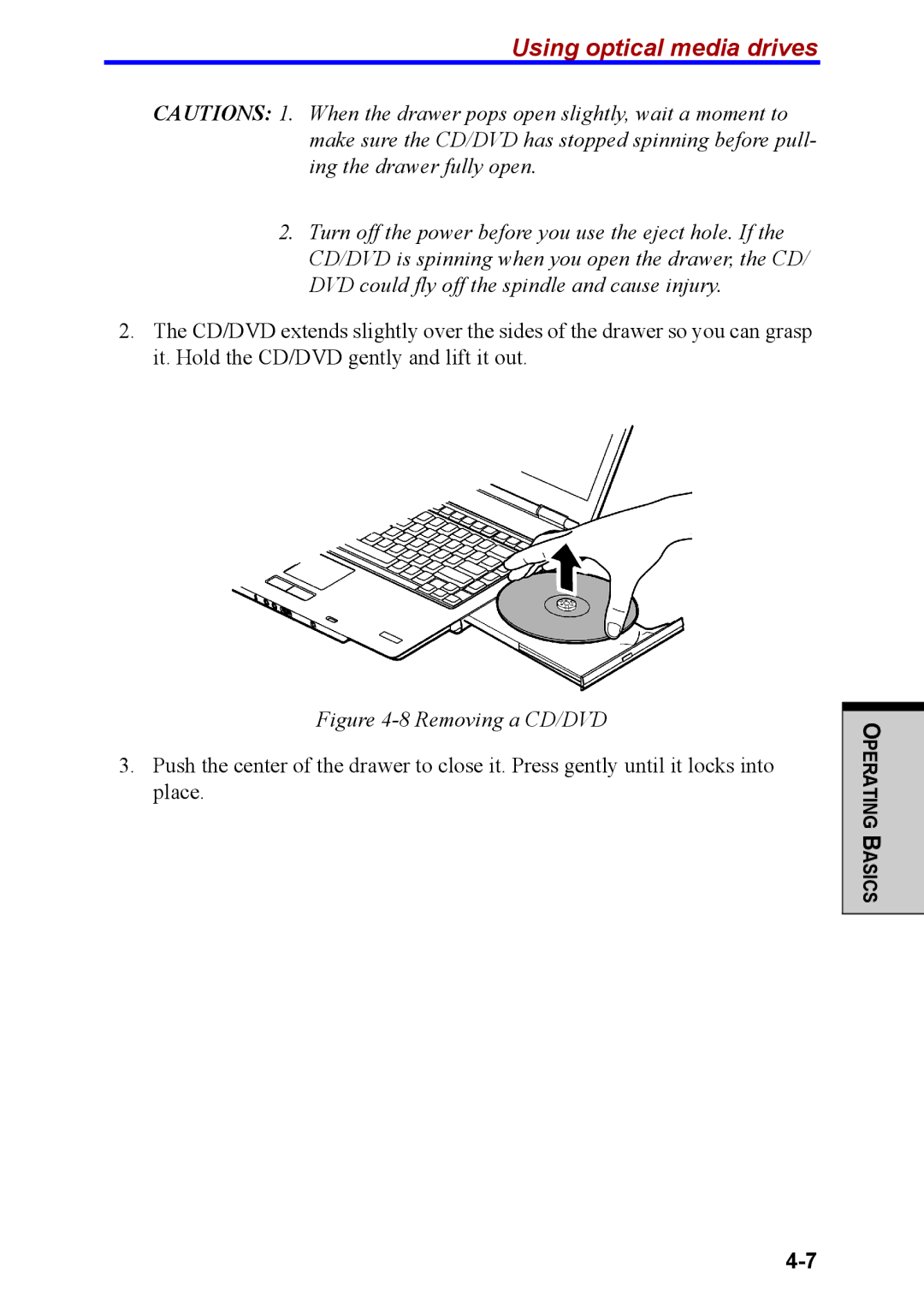 Toshiba M40 user manual Removing a CD/DVD 