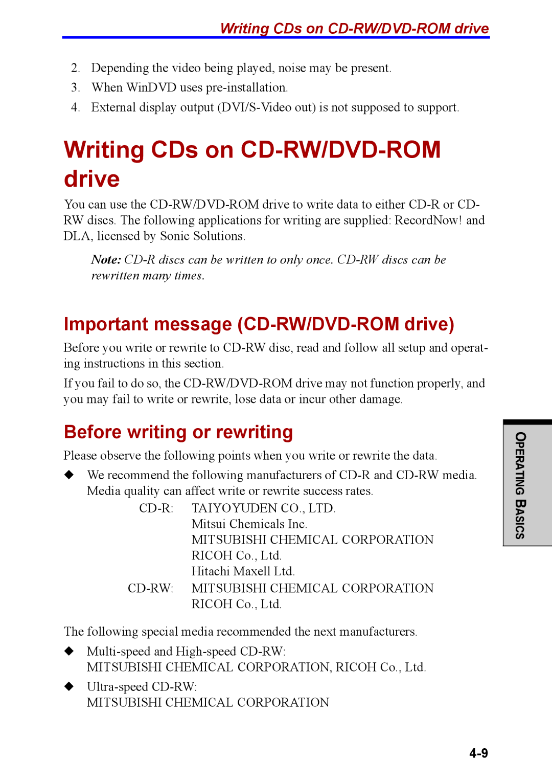 Toshiba M40 Writing CDs on CD-RW/DVD-ROM drive, Important message CD-RW/DVD-ROM drive, Before writing or rewriting 