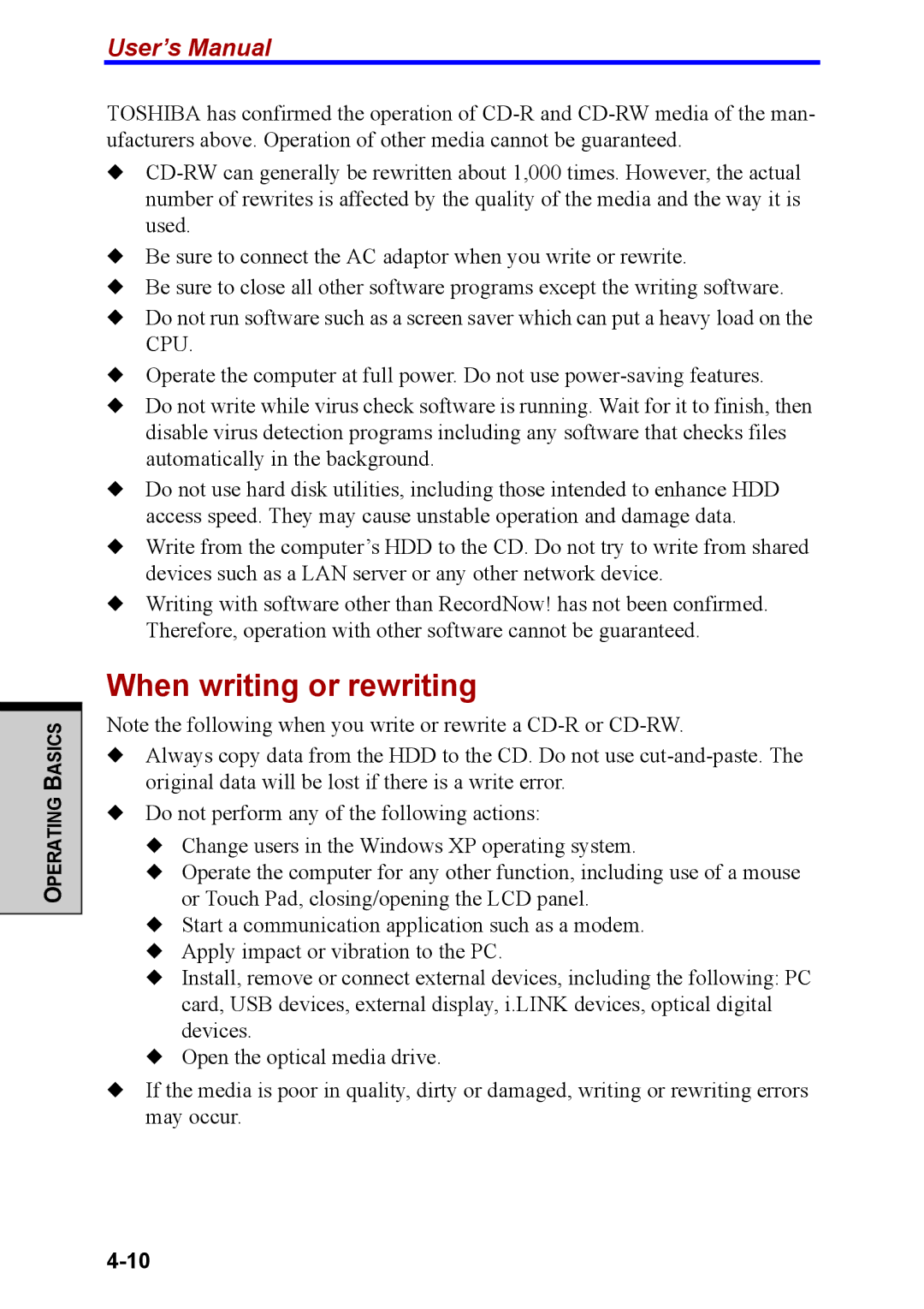 Toshiba M40 user manual When writing or rewriting 