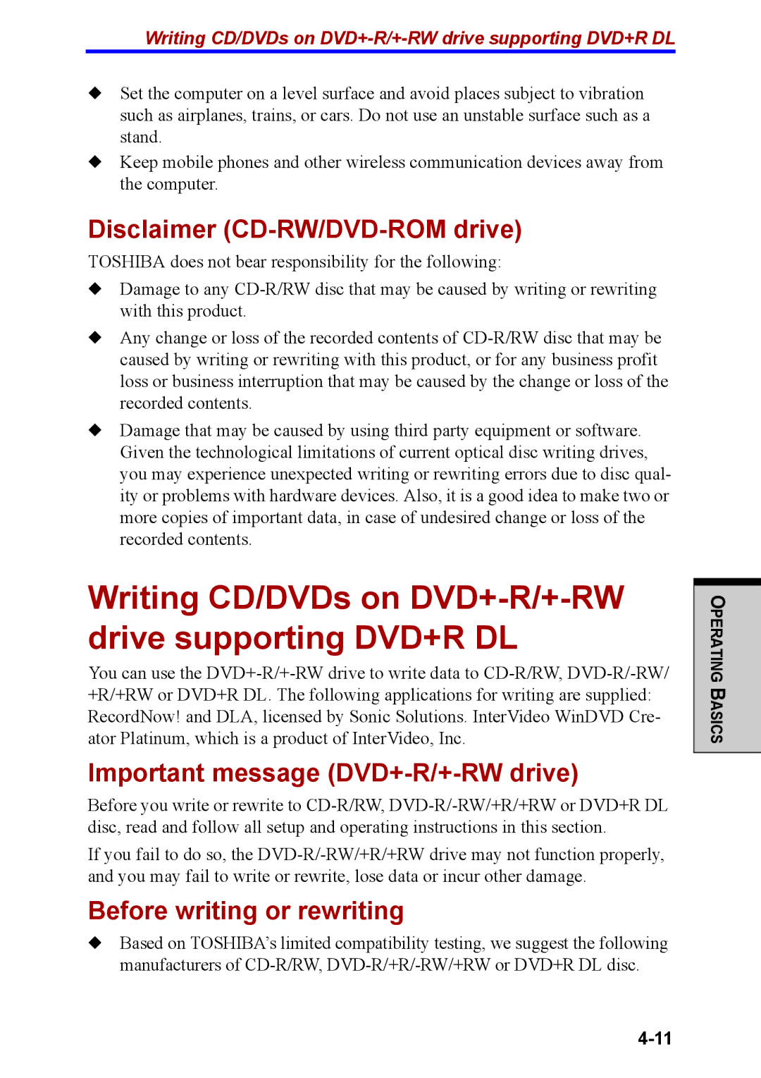 Toshiba M40 user manual Writing CD/DVDs on DVD+-R/+-RW drive supporting DVD+R DL, Disclaimer CD-RW/DVD-ROM drive 