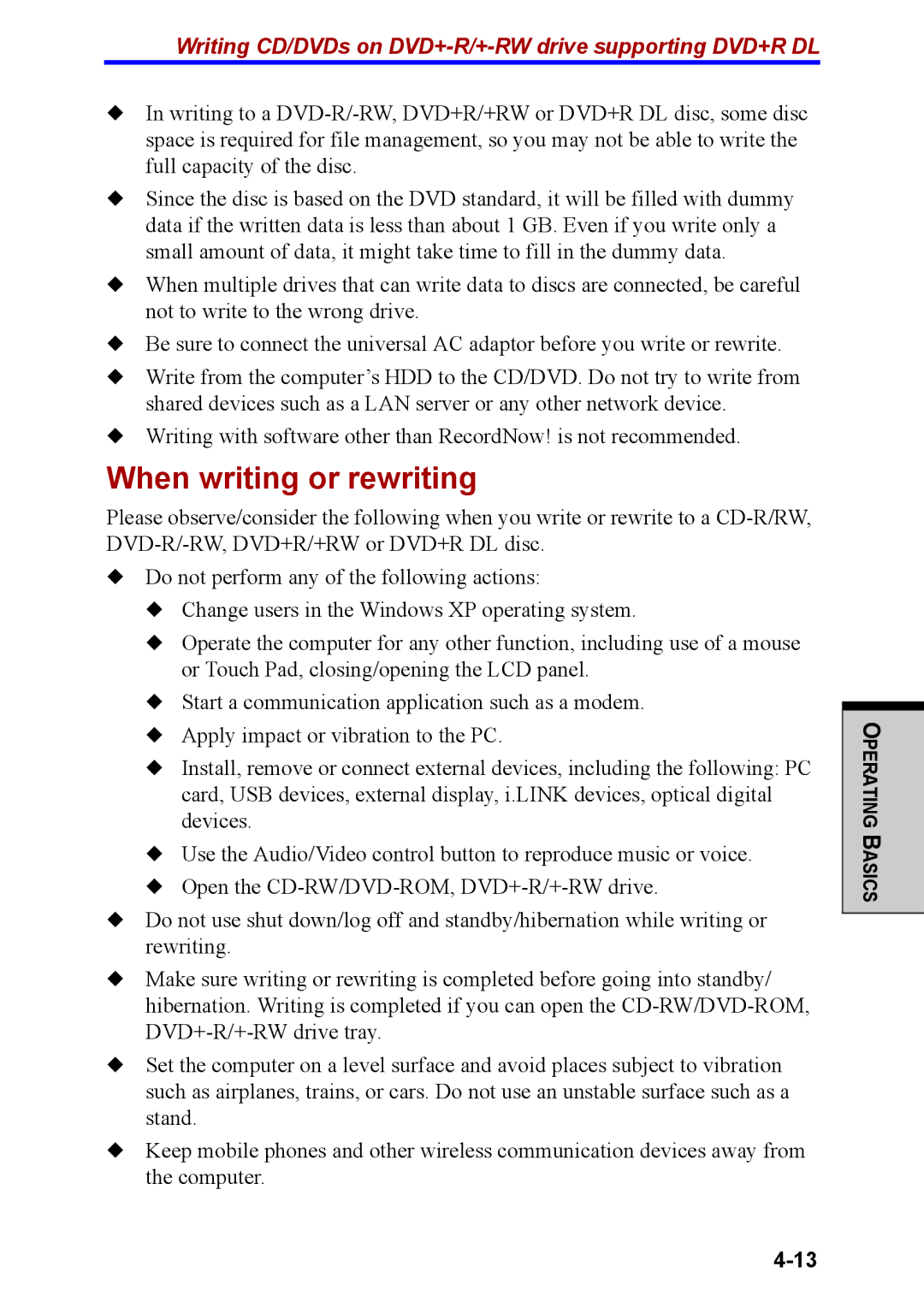 Toshiba M40 user manual When writing or rewriting 