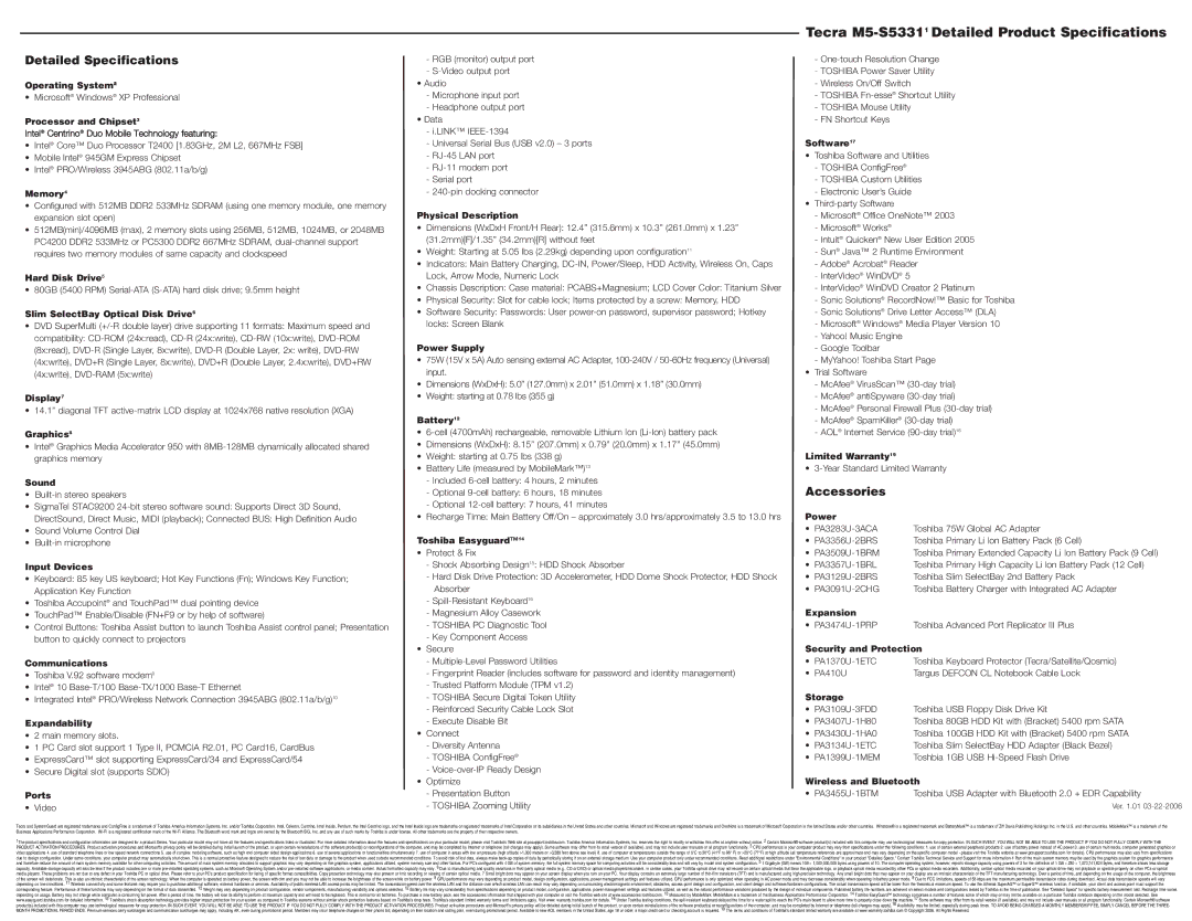 Toshiba M5-S5331 manual Detailed Specifications, Accessories 