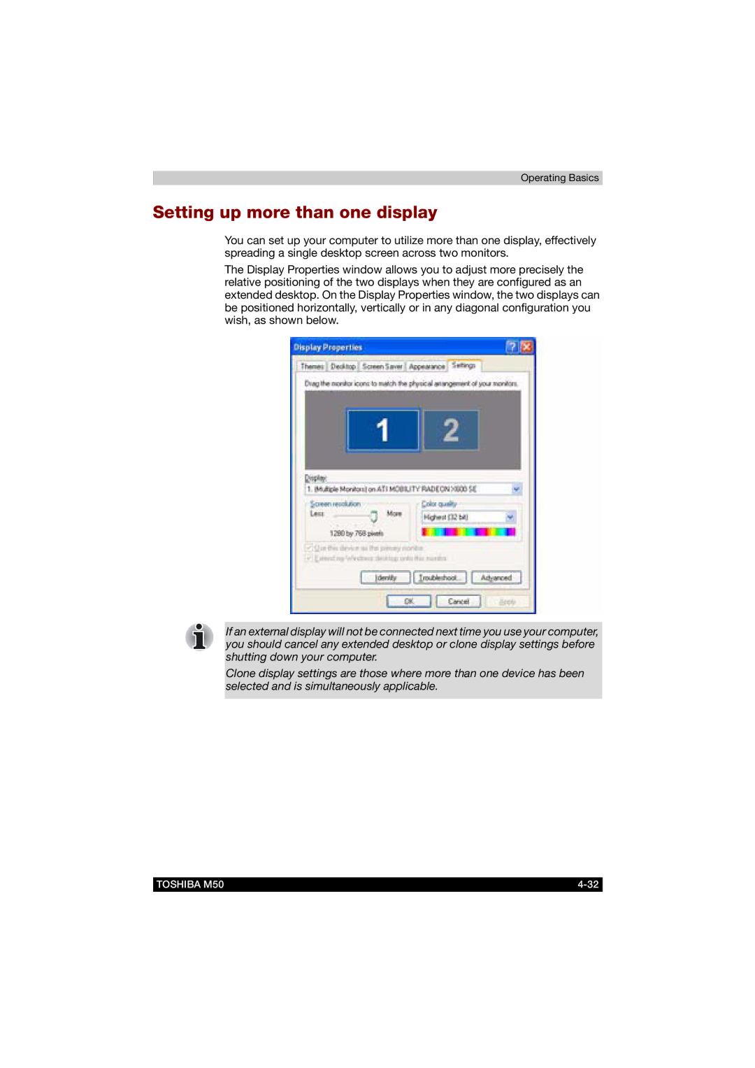 Toshiba M50 user manual Setting up more than one display 