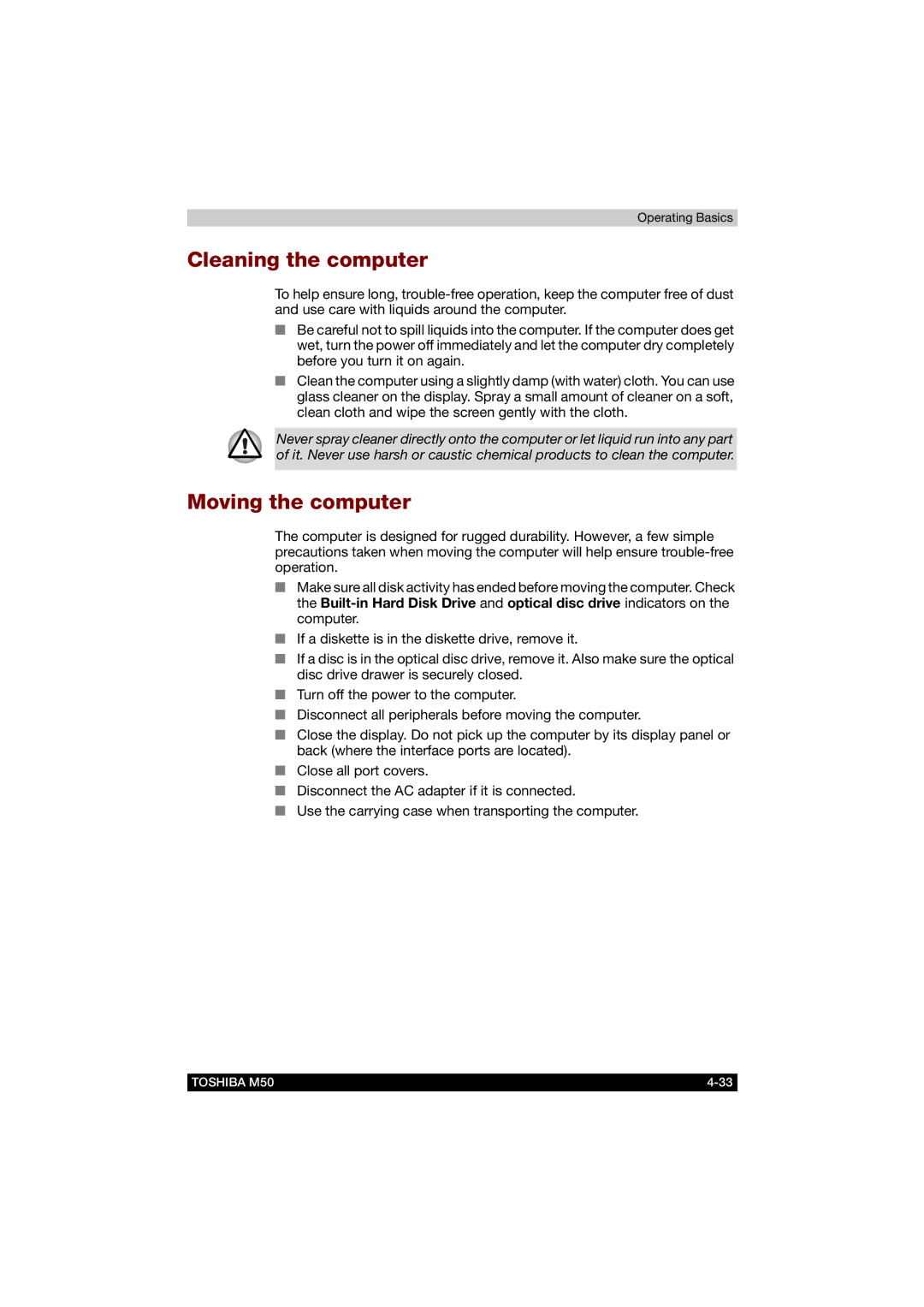 Toshiba M50 user manual Cleaning the computer, Moving the computer 