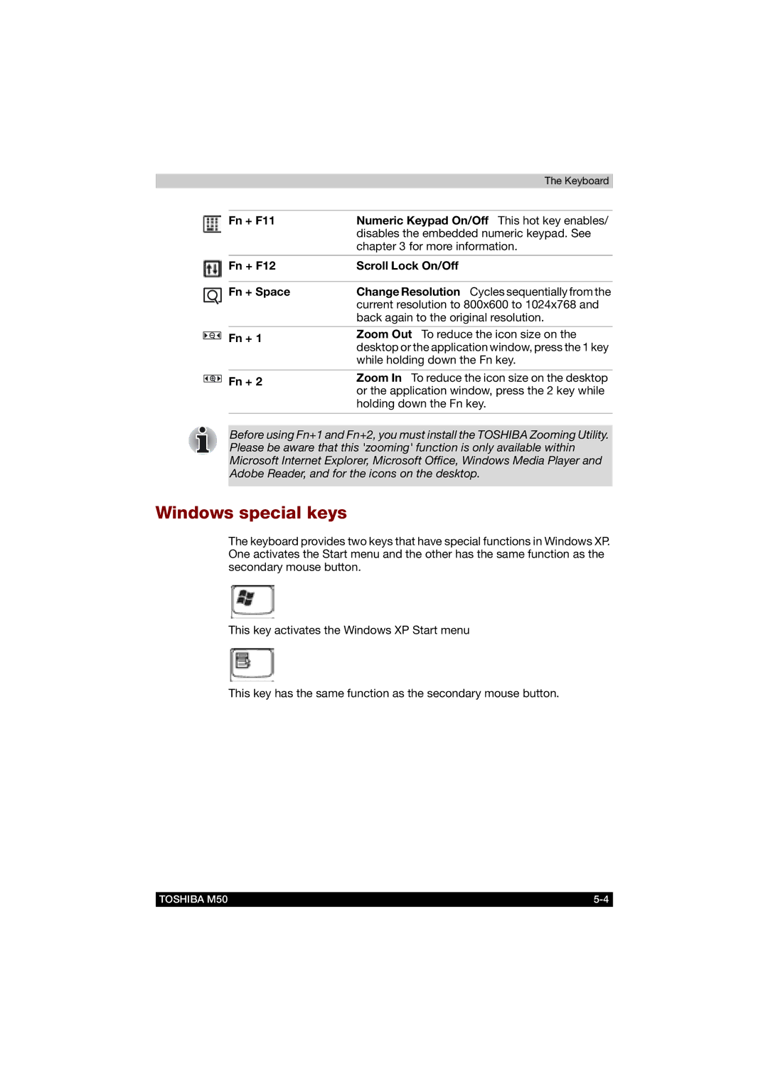 Toshiba M50 user manual Windows special keys, Fn + F11 Numeric Keypad On/Off This hot key enables 