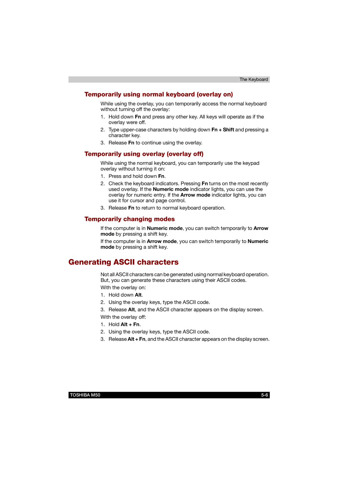 Toshiba M50 Generating Ascii characters, Temporarily using normal keyboard overlay on, Temporarily changing modes 